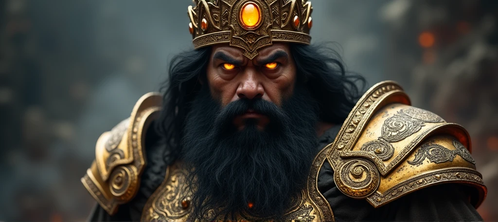 8k rendered digital illustration of a fierce-looking Demon King warrior Ravana possessing extremely powerful demonic weapons, wearing an Indian red-green Kings attire with golden jewellery and black gold armour in a dark universe, a mild burning hellish environment giving the scene a dark atmosphere but sculpting the forms in sharp chiaroscuro), it is night time, (highly detailed skin), ((black beard)), (highly detailed face), ((black gold armor)), detailed background, dark lighting, twilight lighting, volumetric lighting, intricate details, UHD, extremely detailed masterpiece, intricate details, (Highest quality:1.3), cinematic shot, ((masterpiece)), (sharp focus:1.5), (photorealistic:1.3), muscular body, hairy chest, body builder, (detailed face), detailed background, depth of field, (dark lighting:1.3), dramatic lighting, twilight lighting, volumetric shadows, highly detailed, intricate details, 8k, UHD, HDR, trending on Artstation, Award wining legendary art