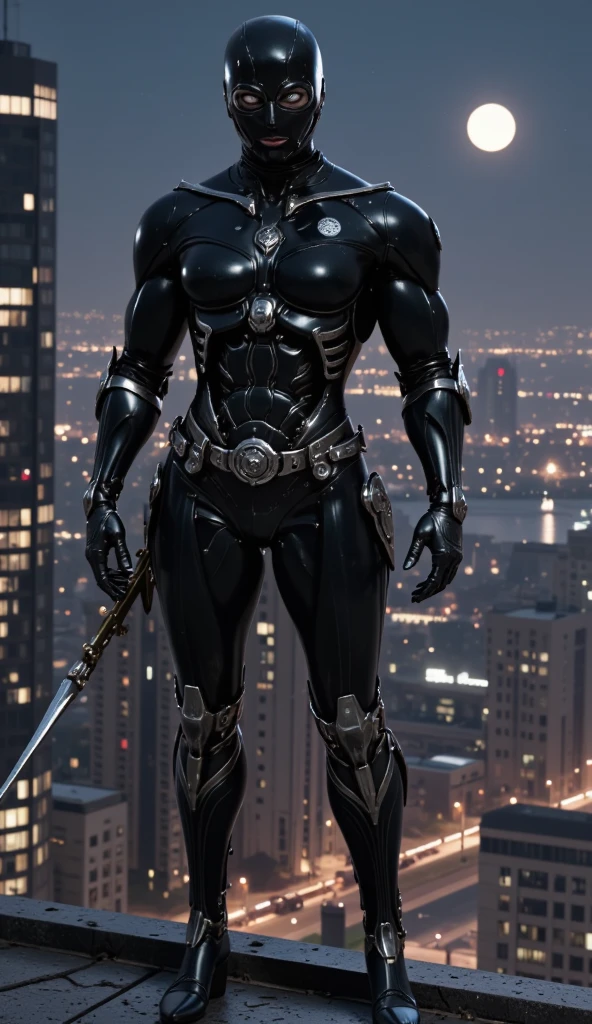 two full-body image of a muscular adult male.black leather full-body image 、and hood, a hooded person in invisible armor . wears leather armor, Tights.epic ninja suit, rogue.Leather fit to cover the whole body. smooth leather .Boy Teenage Assassin , stealth suit , cyberpunk assassin , stand on the roof of a skyscraper. . black night . Dark atmosphere .Low light.Weak lights cast dramatic shadows. Weird cyberpunk atmosphere . cyberpunk city.Futuristic tech style,robot,mecha skin,latex bodysuit .whole body image.Handheld composite mechanical giant bow.full body photo
