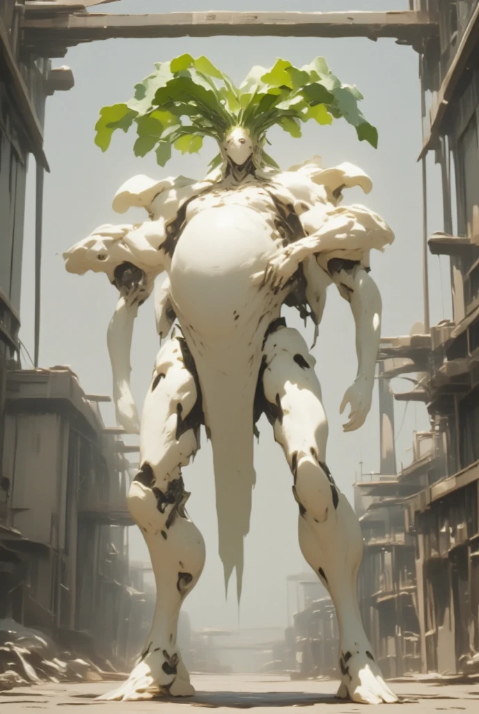  white radish,  daikon:1.5, Monoeye:1.5, Monocular:1.5, Arms folded in front of chest:1.5,  giant robot based on daikon standing on machine legs , The radish from the machine turned upside down is sticking out of both shoulders:1.5