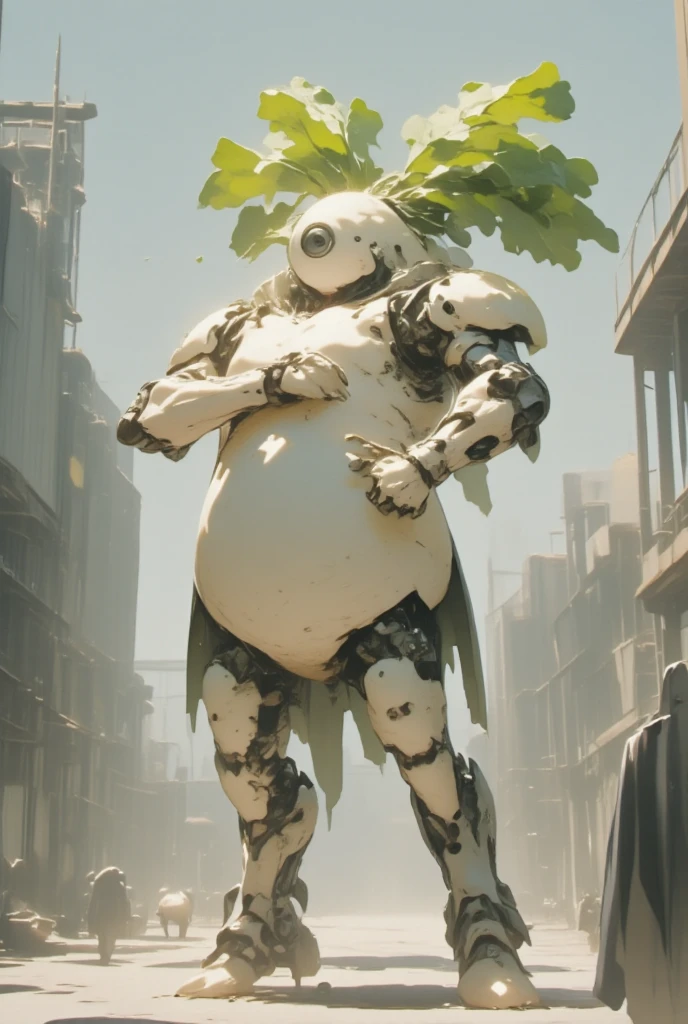  white radish,  daikon:1.5, Monoeye:1.5, Monocular:1.5, Arms folded in front of chest:1.5,  giant robot based on daikon standing on machine legs , The radish from the machine turned upside down is sticking out of both shoulders:1.5