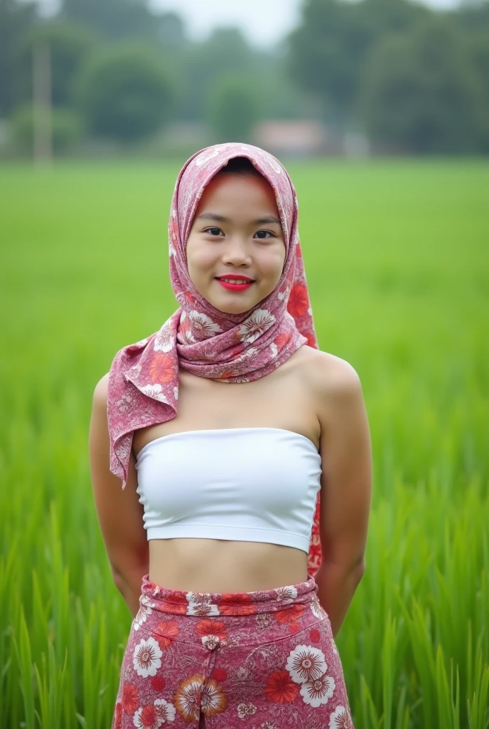 a 40 year old Indonesian woman, wearing a transparent white hijab so that the shape of her breasts is clearly visible, is posing sexy in the mud of a rice field.
