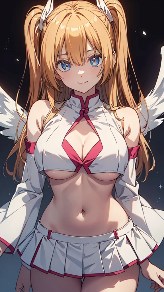 Liliel、 blue eyes、 light brown hair、 long hair、 two side up 、 Big Breasts 、 slender、( WHITE CROP TOP )、Bare shoulders、 cleavage、(Underboob)、abdomen、belly button、(white mini skirt)、Thighs、Angel Wings、smile、masterpiece、Noise Reduction、 Perfect Anatomy、 high res、 super detailed 、 super detailed な顔、 game cg、 Dutch angle 、 beautifully detailed eyes、 visual art 、Five fingers、perfect hand、 perfect lighting、Shining pupils、