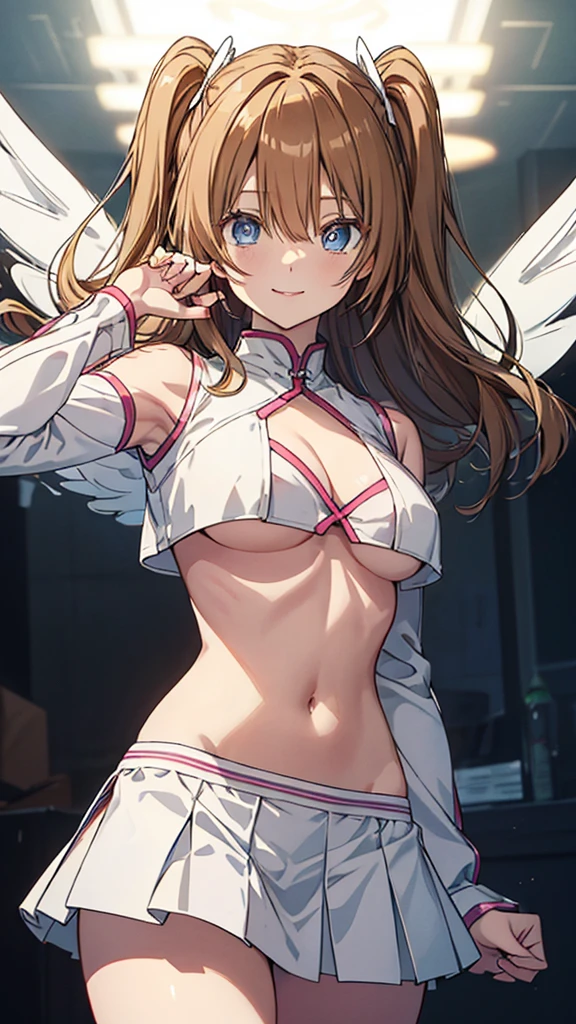 Liliel、 blue eyes、 light brown hair、 long hair、 two side up 、 Big Breasts 、 slender、( WHITE CROP TOP )、Bare shoulders、 cleavage、(Underboob)、abdomen、belly button、(white mini skirt)、Thighs、Angel Wings、smile、masterpiece、Noise Reduction、 Perfect Anatomy、 high res、 super detailed 、 super detailed な顔、 game cg、 Dutch angle 、 beautifully detailed eyes、 visual art 、Five fingers、perfect hand、 perfect lighting、Shining pupils、