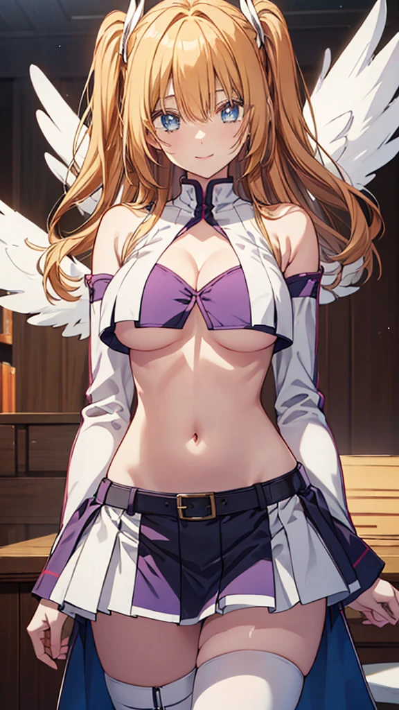 Liliel、 blue eyes、 light brown hair、 long hair、 two side up 、 Big Breasts 、 slender、( WHITE CROP TOP )、Bare shoulders、 cleavage、(Underboob)、abdomen、belly button、(white mini skirt)、Thighs、Angel Wings、smile、masterpiece、Noise Reduction、 Perfect Anatomy、 high res、 super detailed 、 super detailed な顔、 game cg、 Dutch angle 、 beautifully detailed eyes、 visual art 、Five fingers、perfect hand、 perfect lighting、Shining pupils、