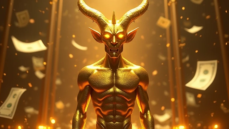 Golden demon Azazael holding the "Nubank" symbol