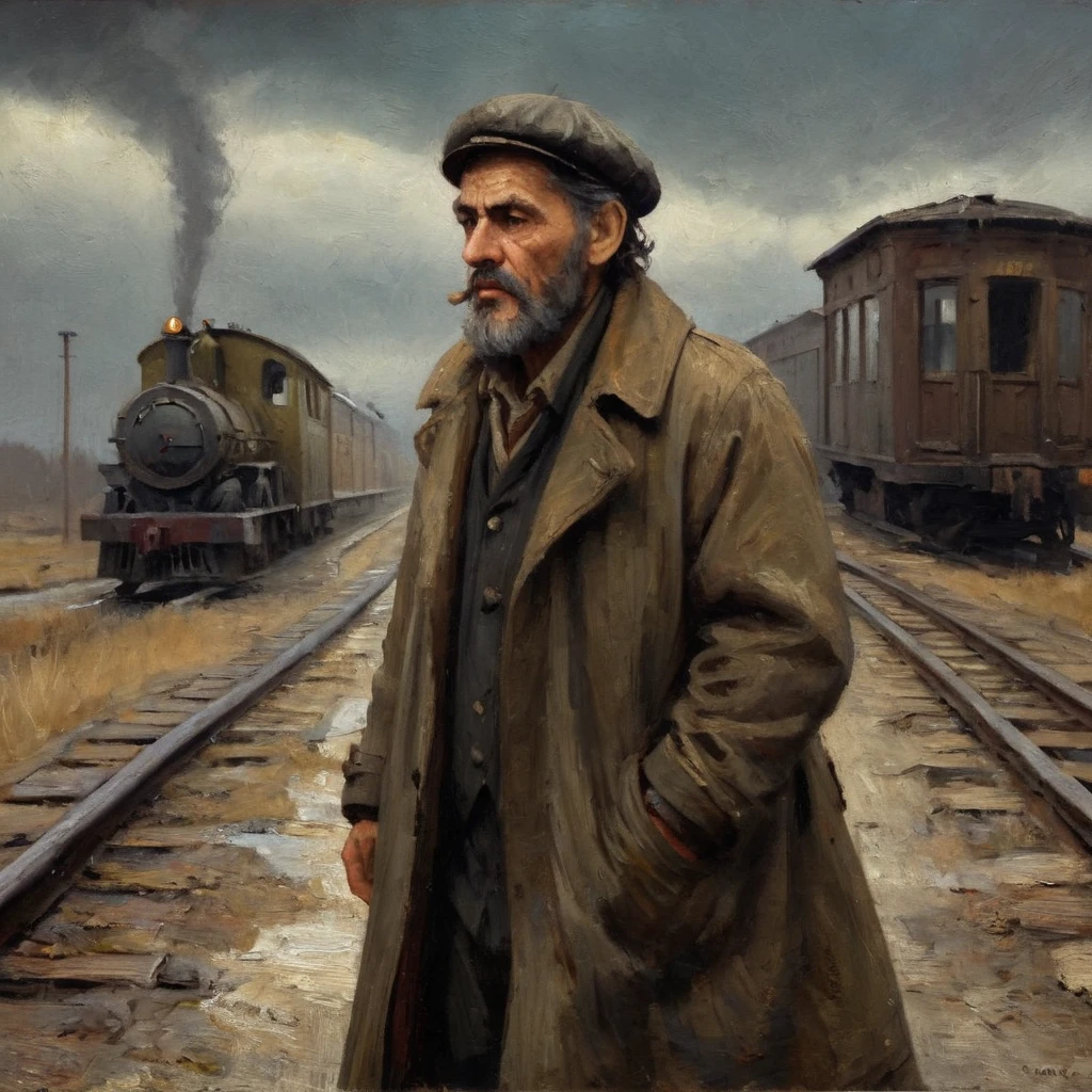 An oil painting close-up of a European-looking homeless man, dressed in 1950s, vintage, lonely walking near abandoned train tracks, wearing trench coat, oil painting Nick Alm style, realistic, mysterious, desolation, abandonment, cinematic lighting, dramatic shadows, melancholic atmosphere, high contrast, film grain, detailed textures, worn surfaces, cinematic composition, melancholic mood, atmospheric, rough, gloomy, evocative
