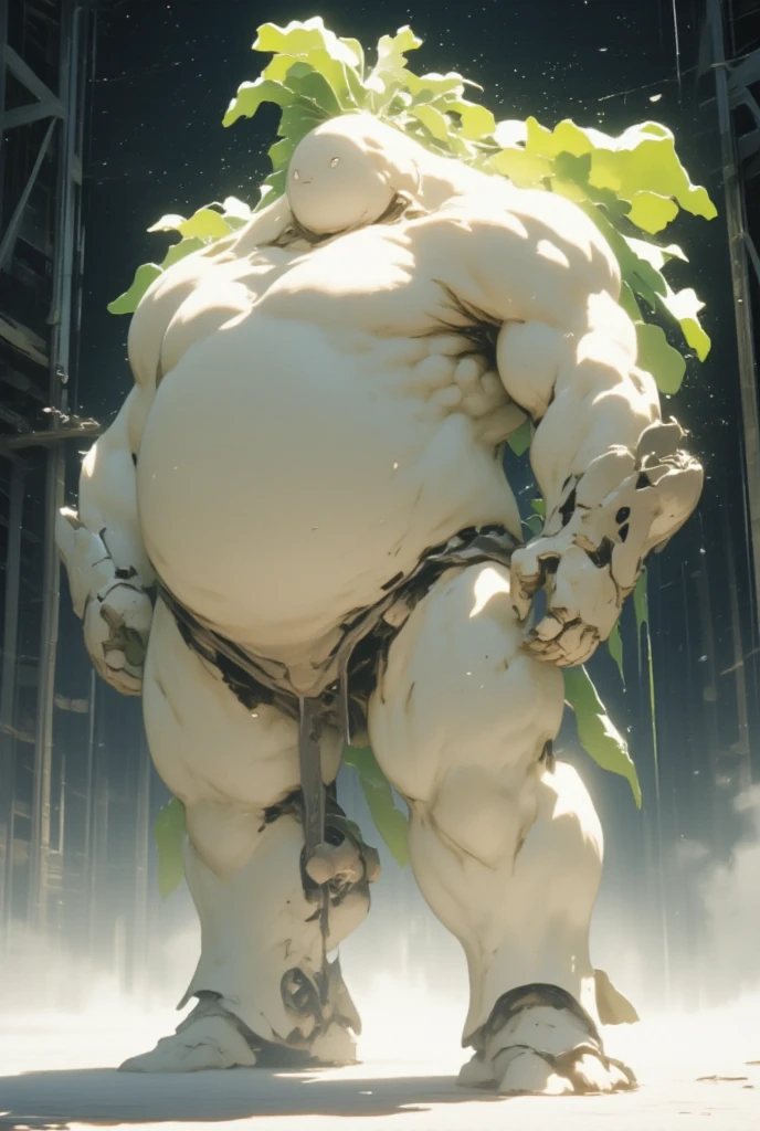  white radish,  daikon:1.5, Monoeye:1.5, Monocular:1.5, Arms crossed:1.5, Arms folded in front of chest:1.5,  giant robot based on daikon standing on machine legs , The radish from the machine turned upside down is sticking out of both shoulders:1.5, view front, whole body:1.5,  outer space :1.5