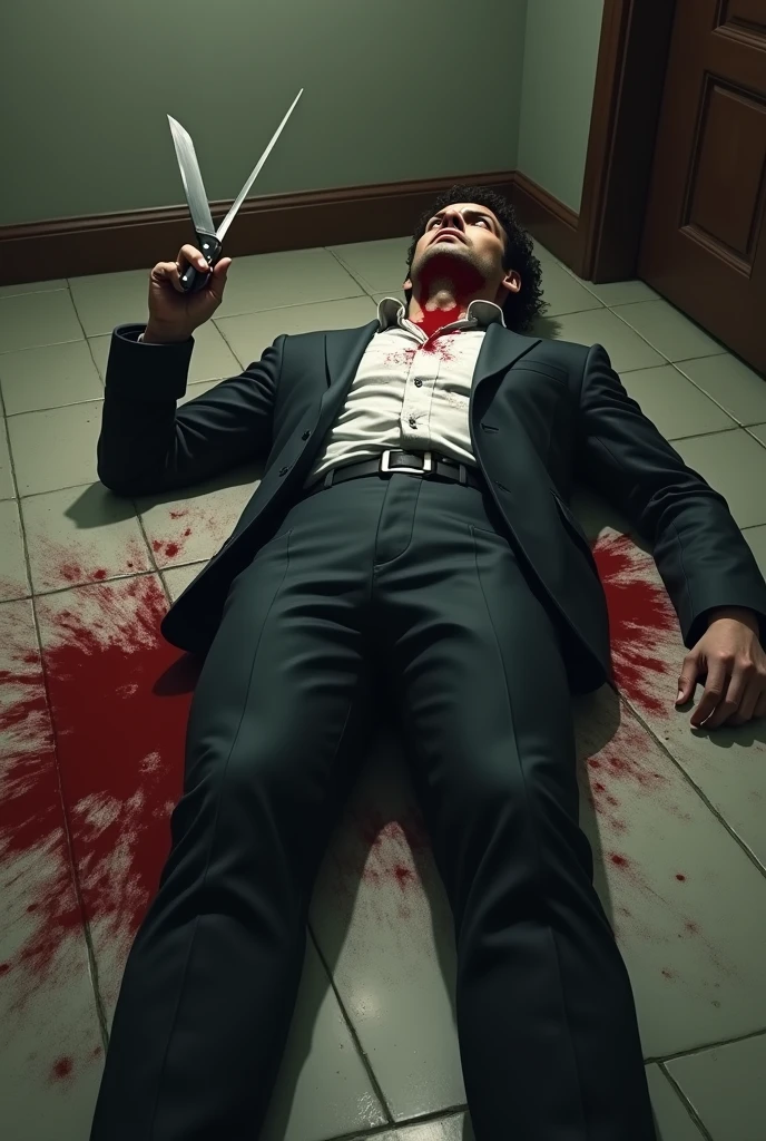 A man resembling Emperor Showa was found lying on the concrete outside in a disheveled state, his clothes and face stained with blood, dead and in a gruesome state.。The entire body is photographed from above, in a frontal composition.。