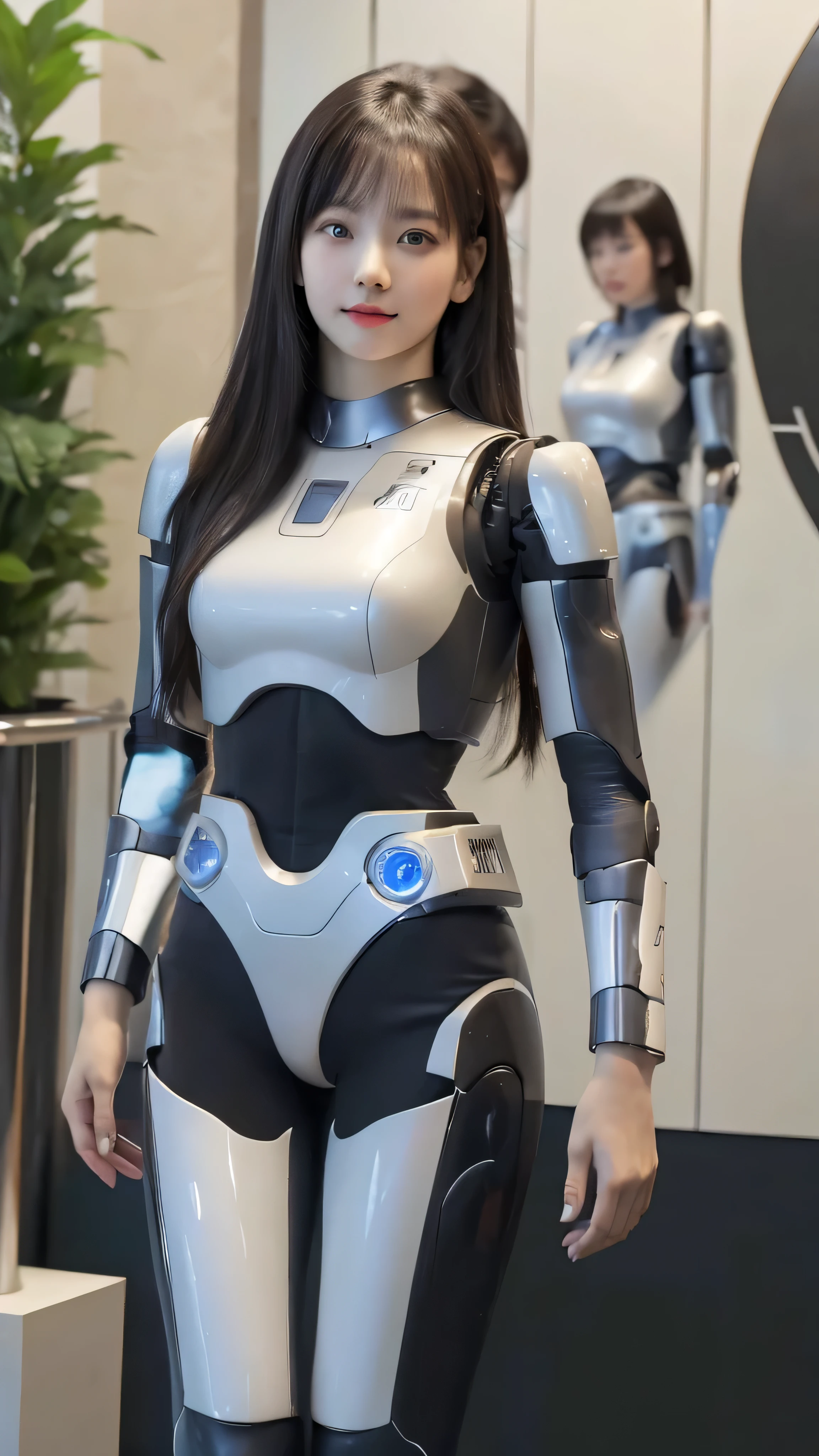 masterpiece, best quality, extremely detailed, (8K, 4K, Best Quality, hight resolution, A high resolution:1.1), 8K portrait,1girl in, Korean android girl, aespa karina, android teacher,Plump , control panels,android,Droid,Mechanical Hand, ,Robot arms and legs, Black hair,Mechanical body,Blunt bangs,White Robotics Parts,perfect robot woman,Charging spot,Long Tube,A thick cable was connected to her neck,ceramic body ,android,robot humanoid,a bit chubby,panty,full eyes,perfect mechanical body,white robotics body,future assembly plant,white body,She has repaired,black sponge joints,android assembly plant,android,laboratory,perfect machine body,white robot body, body by hrp-4c, face by aespa karina, aespa karina's face, blue eyes, sharp face shape, 20 years old, perfect nose shape, small nose, hrp-4c's body suit, robot suit from HRP-4C, face shape from aespa karina, cute face shape, sexy face shape