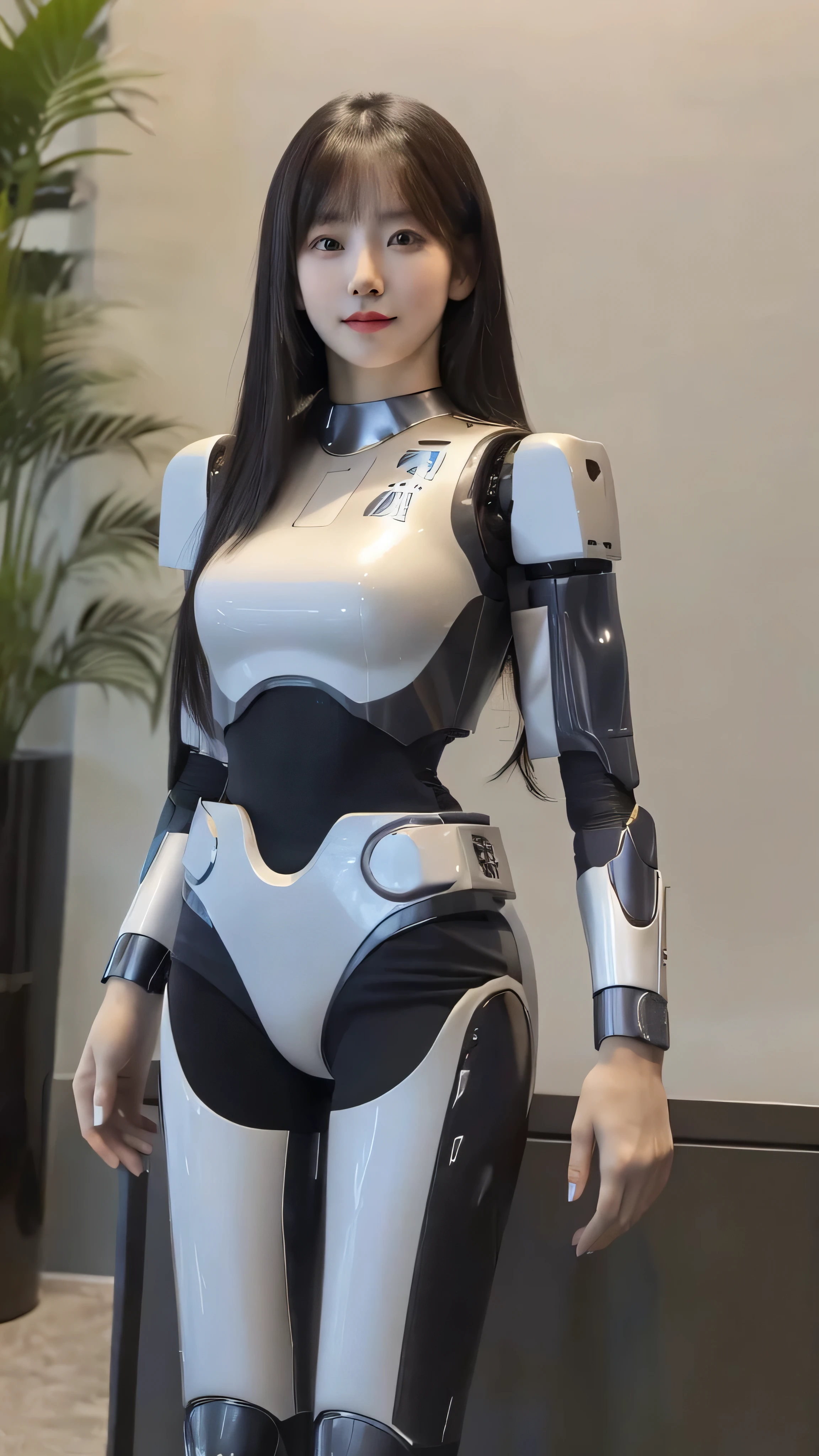 masterpiece, best quality, extremely detailed, (8K, 4K, Best Quality, hight resolution, A high resolution:1.1), 8K portrait,1girl in, Korean android girl, aespa karina, android teacher,Plump , control panels,android,Droid,Mechanical Hand, ,Robot arms and legs, Black hair,Mechanical body,Blunt bangs,White Robotics Parts,perfect robot woman,Charging spot,Long Tube,A thick cable was connected to her neck,ceramic body ,android,robot humanoid,a bit chubby,panty,full eyes,perfect mechanical body,white robotics body,future assembly plant,white body,She has repaired,black sponge joints,android assembly plant,android,laboratory,perfect machine body,white robot body, body by hrp-4c, face by aespa karina, aespa karina's face, blue eyes, sharp face shape, 20 years old, perfect nose shape, small nose, hrp-4c's body suit, robot suit from HRP-4C, face shape from aespa karina, cute face shape, sexy face shape