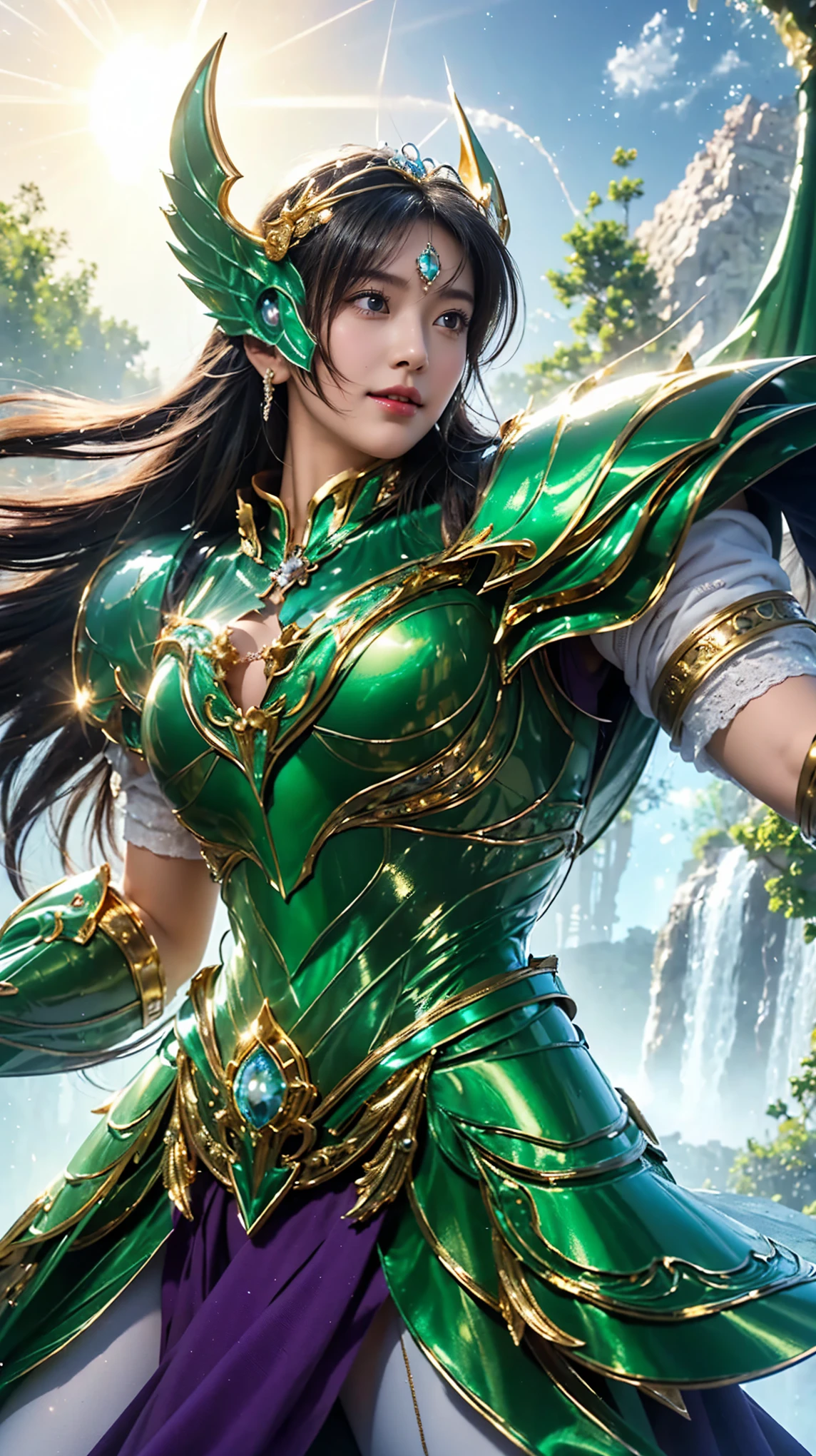 A girl in a full-body fighting pose, feminine details, Aphrodite's wig from Saint Seiya, top quality, very detailed RAW color photo, sharp focus, 8k high definition, long shiny dark blue hair, (((large breasts, large cleavage))), curvy body, Slim waist, (exposed abdomen, bare abdomen), Ultra-detailed.Zhenyi High-Class Station, Stormy Rain Site, detailed fantasy art, Stunning character art, Beautiful and enchanting character art, wearing Saint Seiya armor dragon shiriyu, transparent gold armor, beautiful gold and silver armor, shiny armor, zodiac girl knight with intricate details, transparent gold and silver armor with intricate details, wearing transparent gold armor with intricate details. dramatic, tight bikini, tight white underwear transparent gold under the armor, blue eyes, intricate gold and silver leg armor, transparent gold shoulder armor, reflection on the armor, gold headset, metal ribbon, shiny dark armor, tight white transparent vinyl, gentle smile, Very detailed, Girl in shiny armor, cool pose, gallant pose, standing tall, smug smile, gentle smile, Tiara and very beautiful jewelry,Crystal filigree jewelry, milky galaxy, Stunning visuals, (dynamic lines, light trails:1.2), Bright colors, the background of ancient Greek buildings that are damaged and ruined.