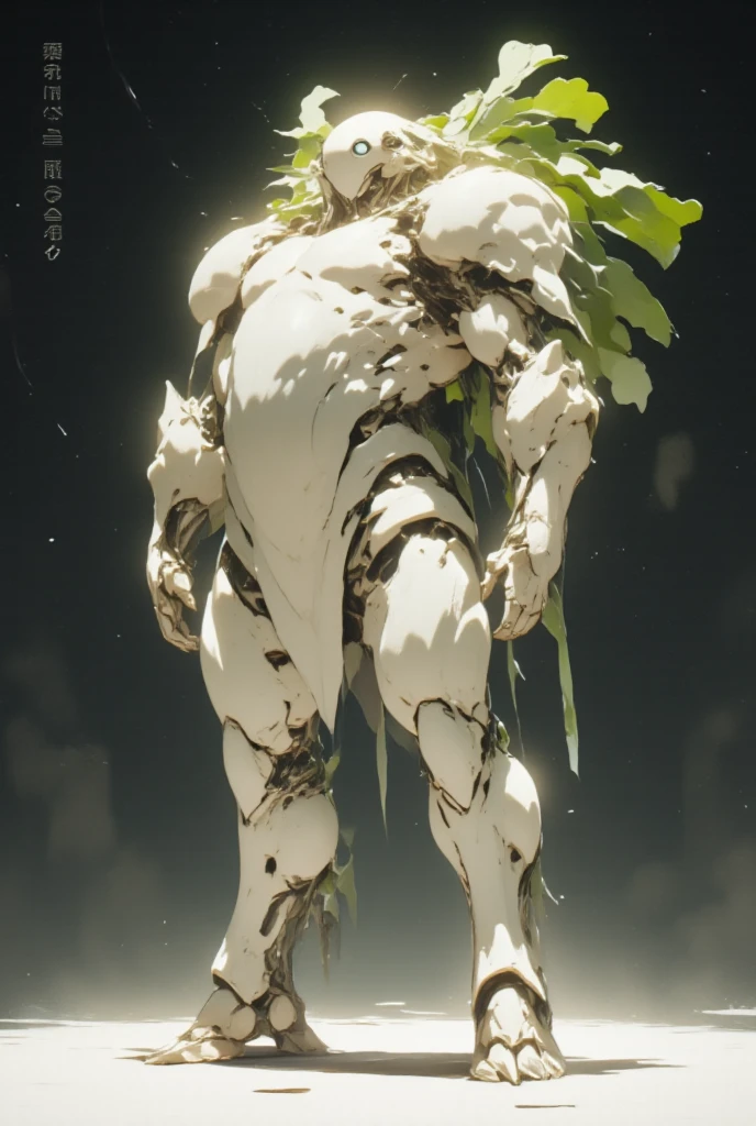  white radish,  daikon:1.5, Heavily armored super robot:1.3, Monocular:1.5, Monocular:1.5, Arms crossed:1.5, Arms folded in front of chest:1.5,  giant robot based on daikon standing on machine legs , The radish from the machine turned upside down is sticking out of both shoulders:1.5, view front, whole body:1.5,  outer space :1.5