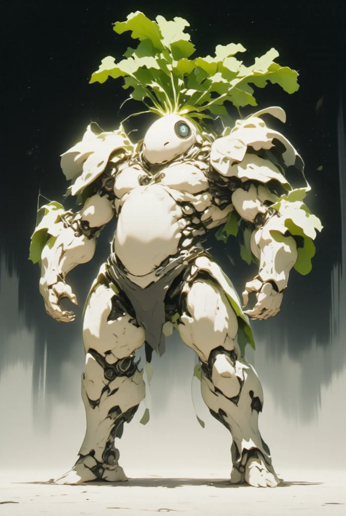  white radish,  daikon:1.5, Heavily armored super robot:1.3, Monocular:1.5, Monocular:1.5, Arms crossed:1.5, Arms folded in front of chest:1.5,  giant robot based on daikon standing on machine legs , The radish from the machine turned upside down is sticking out of both shoulders:1.5, view front, whole body:1.5,  outer space :1.5