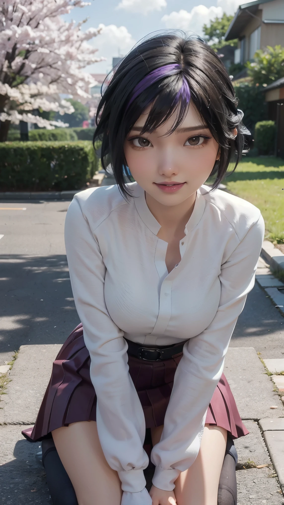 Gogo tomago,(best qualityer,4K,8k,high resolution,work of art:1.2)(weather: cloudy), Tokyo city background, cherry blossom tree park, long sleeve kimono top, kimono belt, long pleated skirt, flower stockings, laced shoes, floral hair jewelry, floral earrings, cheek mole, short wavy hair, black hair with purple highlight, ultra detailed, realistic, portrait,beautiful detailed brown eyes, glowing eyes,blush,beautiful detailed lips,extremely detailed eye and face, long eyelashes,sexy,average, medium breasts,beaming smile, flirty smile, powerful girl, sexy pose, stunning curves, bright coloured, dramatic lighting,