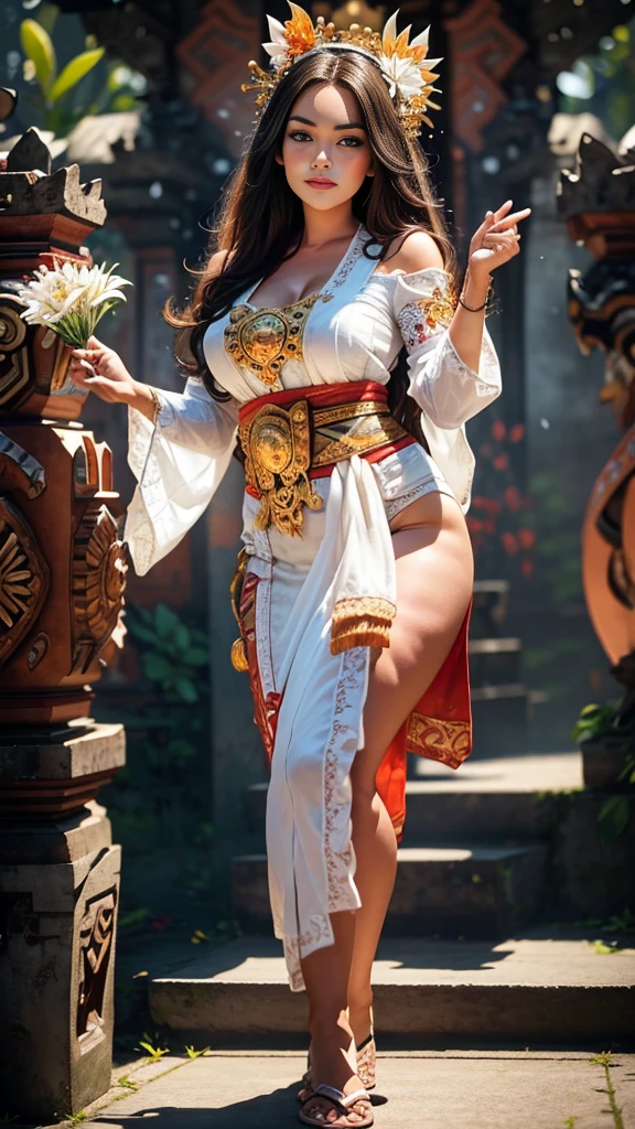 (( top quality)), ((masterpiece)), (detail), heavenly beauty similar Lindsay lohan, perfect facial detail , perfect finger details, black hair,fit curvy body , Beautiful legs,wearing white Balinese traditional clothes, dancing traditional Balinese dance, Balinese epic vibes, night,depth of field , foto 8K, hdr, professional lighting , taken with canon eos r5 , 75mm lens