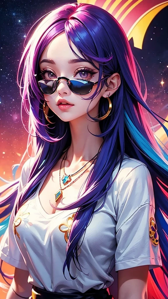 Close-up of a woman with  colorful hair and necklace,  Anime girl with cosmic hair, Rossdraws&#39; soft vibrancy,  Guvez style artwork ,  fantasy art style ,  colorful], Lively fantasy style ,  Rossdraws vibrant cartoons , cosmic and  colorful, Gu Weiss,  colorful digital fantasy art,  amazing art style,  Beautiful Anime Style , Full body lighting, Bright-skinned ,  with black eye makeup 