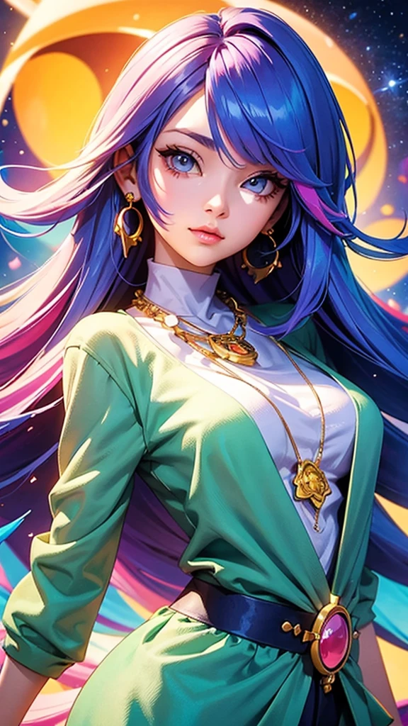 Close-up of a woman with  colorful hair and necklace,  Anime girl with cosmic hair, Rossdraws&#39; soft vibrancy,  Guvez style artwork ,  fantasy art style ,  colorful], Lively fantasy style ,  Rossdraws vibrant cartoons , cosmic and  colorful, Gu Weiss,  colorful digital fantasy art,  amazing art style,  Beautiful Anime Style , Full body lighting, Bright-skinned ,  with black eye makeup 