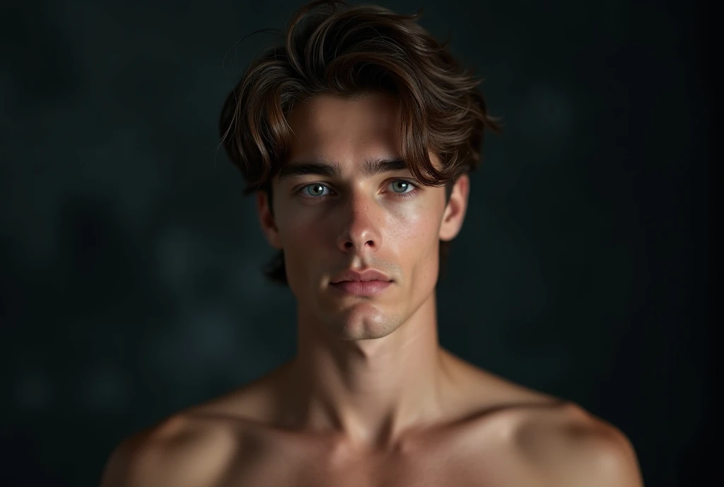 (photoshoot style), sad little and homeless teenager ((naked torso)), (shy), 1 guy, solo, brown, disheveled hair, very detailed face, beautiful blue eyes, [chubby], charming, with rosy cheeks and bright, sad eyes, stunningly beautiful, model with an attractive body, a young man with a handsome face (Rembrandt lighting), Zeiss lens, ultra-realistic, (high skin detail: 1.2), 8k uhd, dslr, Dramatic Rim light,  high quality, Fujifilm XT3,