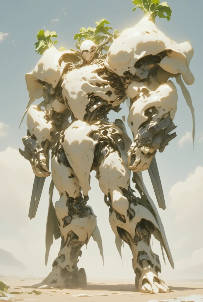  white radish,  daikon:1.5, view front, Heavily armored super robot:1.3, Monocular:1.5, Monocular:1.5, Arms crossed:1.5, Arms folded in front of chest:1.5,  giant robot based on daikon standing on machine legs , The radish from the machine turned upside down is sticking out of both shoulders:1.5, whole body:1.5,  outer space :1.5