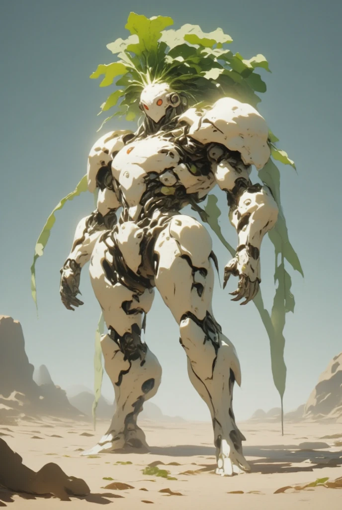  white radish,  daikon:1.5, view front, Heavily armored super robot:1.3, Monocular:1.5, Monocular:1.5, Arms crossed:1.5, Arms folded in front of chest:1.5,  giant robot based on daikon standing on machine legs , The radish from the machine turned upside down is sticking out of both shoulders:1.5, whole body:1.5,  outer space :1.5