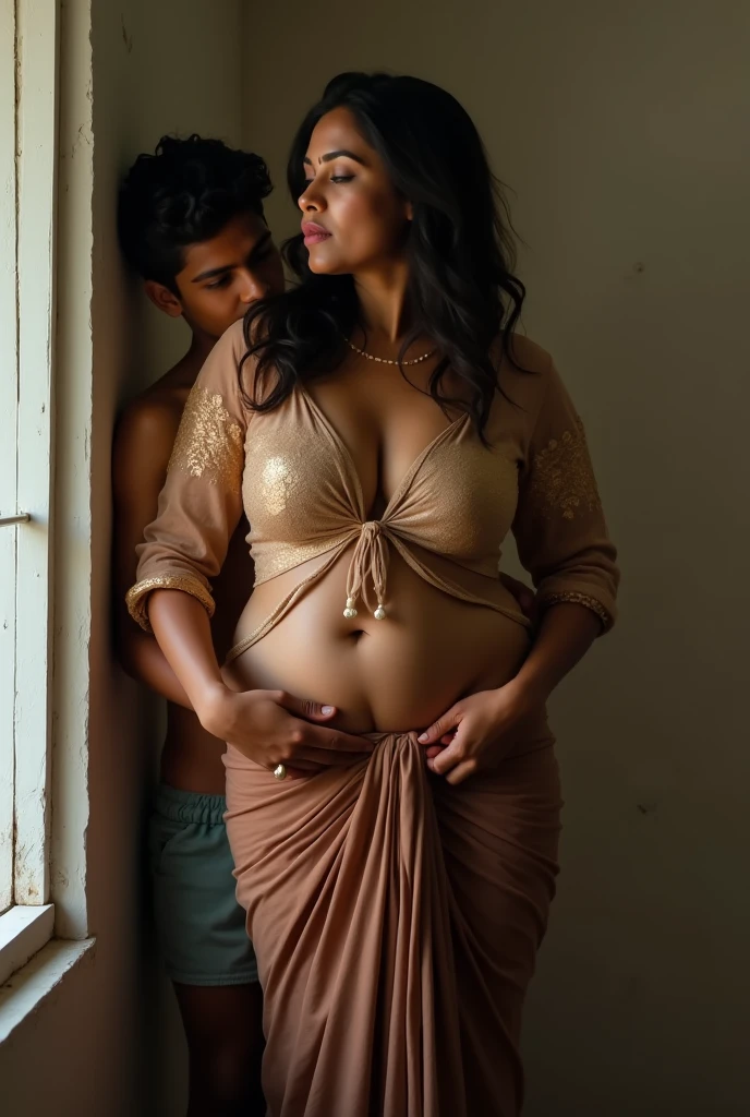 A radiant, full-figured South Indian 25 year old woman wearing a black saree tenderly hugging  a jubilant 25-year-old man while in living room, captured in a full-body image with vibrant hues and meticulous details. Belly button visible . Full body image
