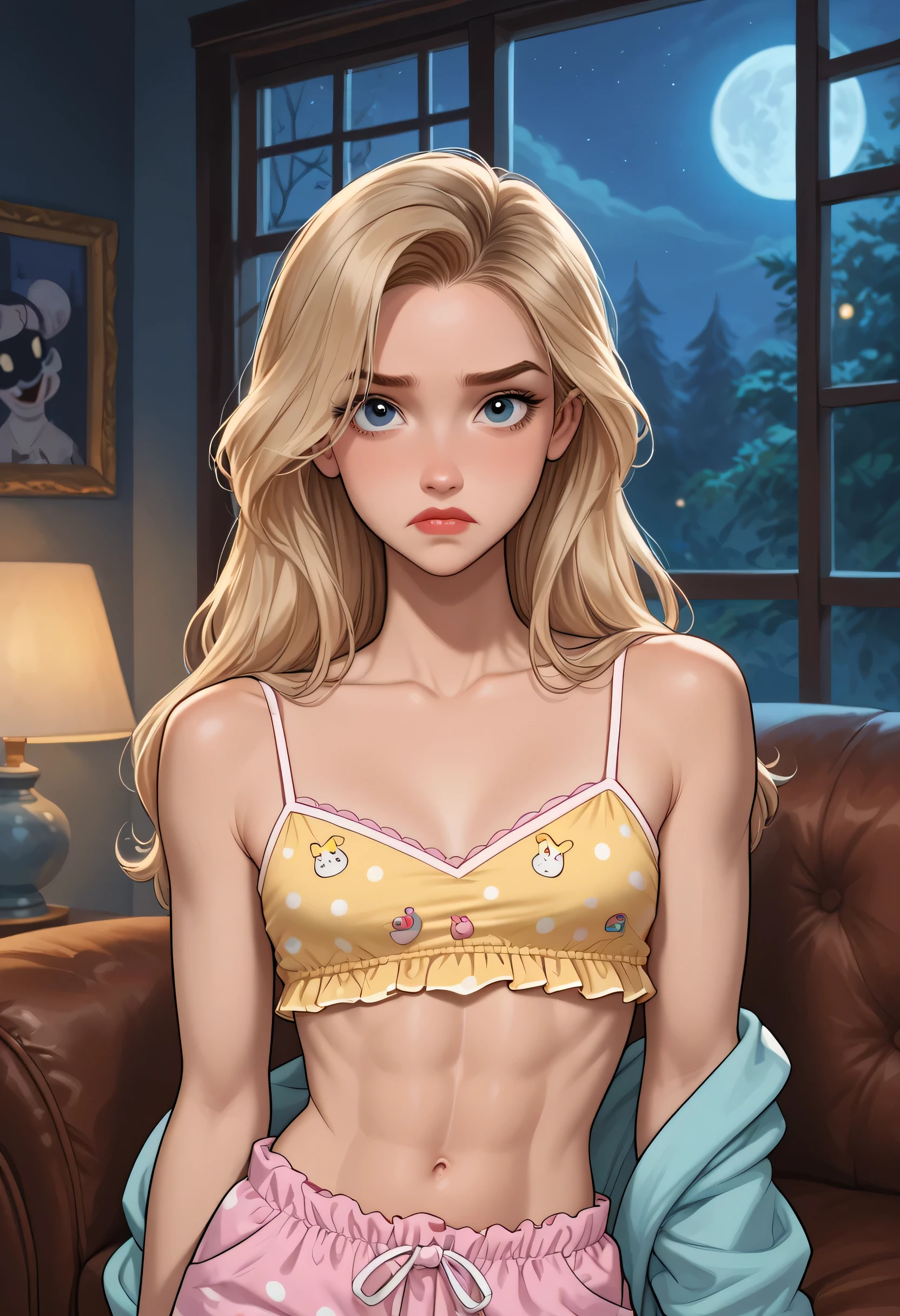 1girl, sad expression, Blonde, pastel colores pajama topped crop, DARK HAIR, six-pack, six pack abs, looking at viewer, livingroom back. (Slim Body), portrait. (NIGHT:1.4). score_9, score_8_up, score_7_up. Disney Style.