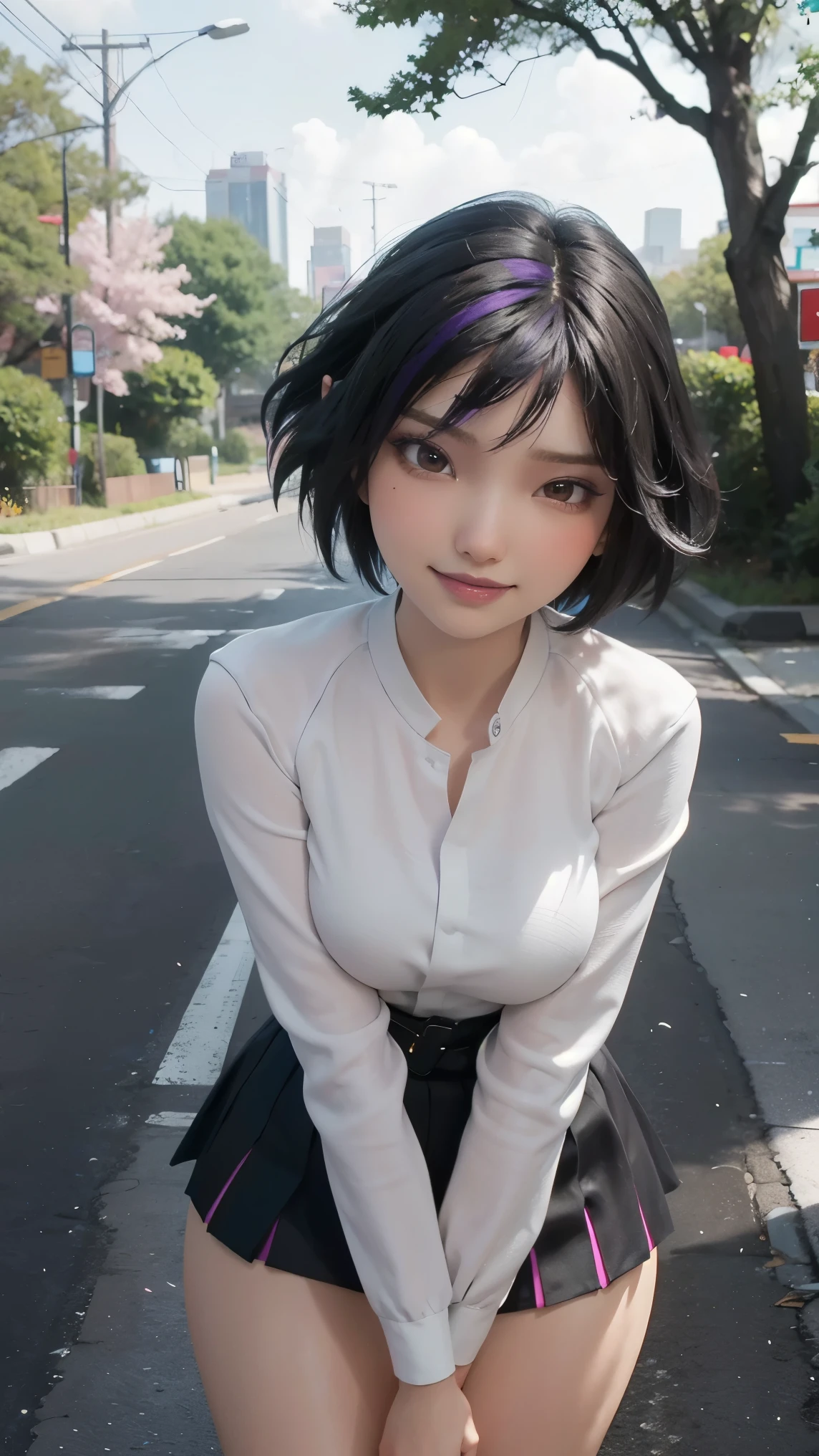 Gogo tomago,(best qualityer,4K,8k,high resolution,work of art:1.2)(weather: cloudy), Tokyo city background, cherry blossom tree park, white long sleeve kimono dress, kimono belt, pleated skirt, flower stockings, laced shoes, floral hair jewelry, floral earrings, cheek mole, short wavy hair, black hair with purple highlight, ultra detailed, realistic, portrait,beautiful detailed brown eyes, glowing eyes,blush,beautiful detailed lips,extremely detailed eye and face, long eyelashes,sexy,average, medium breasts,beaming smile, flirty smile, powerful girl, sexy pose, stunning curves, bright coloured, dramatic lighting,