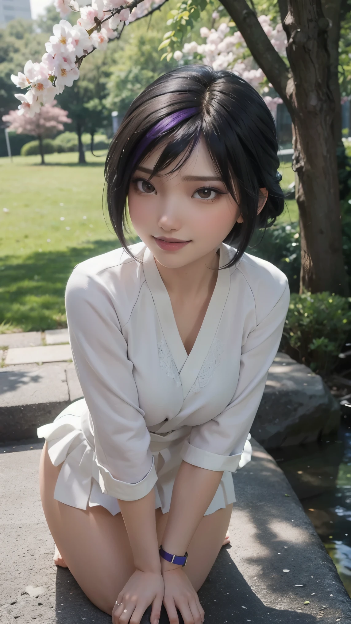 Gogo tomago,(best qualityer,4K,8k,high resolution,work of art:1.2)(weather: cloudy), Tokyo city background, cherry blossom tree park, white long sleeve kimono dress, kimono belt, pleated skirt, flower stockings, laced shoes, floral hair jewelry, floral earrings, cheek mole, short wavy hair, black hair with purple highlight, ultra detailed, realistic, portrait,beautiful detailed brown eyes, glowing eyes,blush,beautiful detailed lips,extremely detailed eye and face, long eyelashes,sexy,average, medium breasts,beaming smile, flirty smile, powerful girl, sexy pose, stunning curves, bright coloured, dramatic lighting,