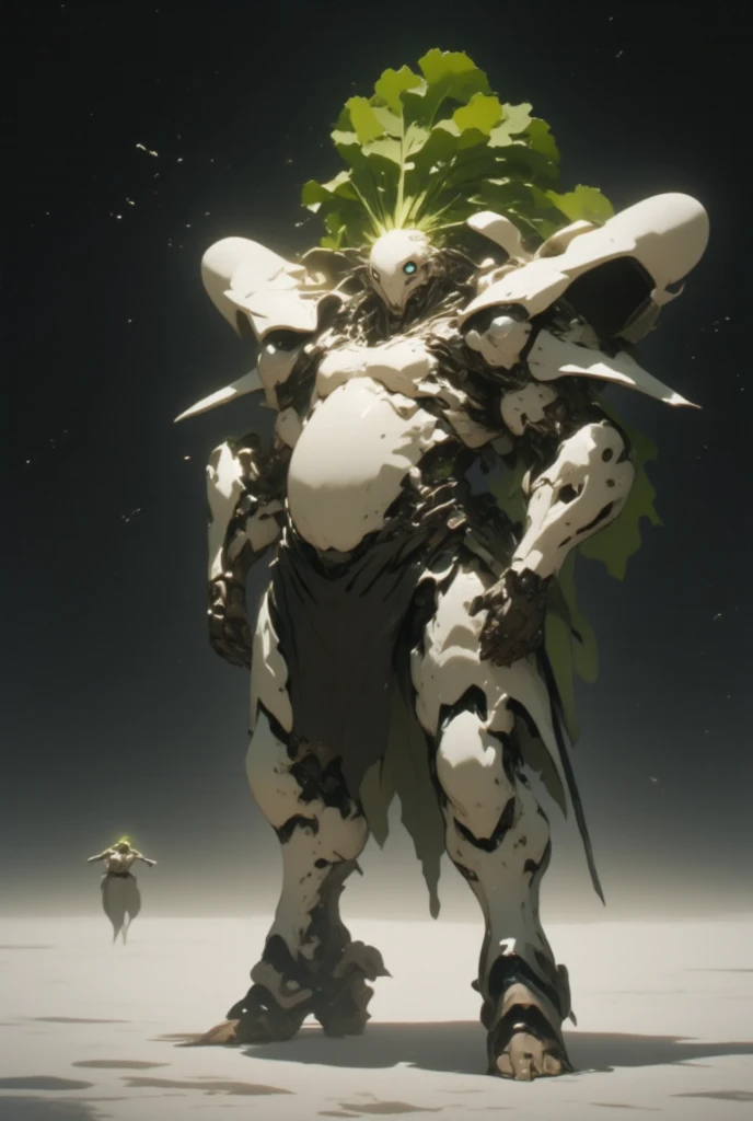  white radish,  daikon:1.5, view front, Heavily armored super robot:1.3, Monocular:1.5, Monocular:1.5, Arms crossed:1.5, Arms folded in front of chest:1.5,  giant robot based on daikon standing on machine legs , The radish from the machine turned upside down is sticking out of both shoulders:1.5, There are boost drills on both shoulders, whole body:1.5,  outer space :1.5