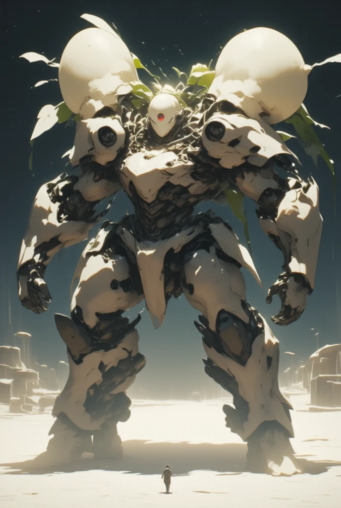  white radish,  daikon:1.5, view front, Heavily armored super robot:1.3, Monocular:1.5, Monocular:1.5, Arms crossed:1.5, Arms folded in front of chest:1.5,  giant robot based on daikon standing on machine legs , The radish from the machine turned upside down is sticking out of both shoulders:1.5, There are boost drills on both shoulders, whole body:1.5,  outer space :1.5