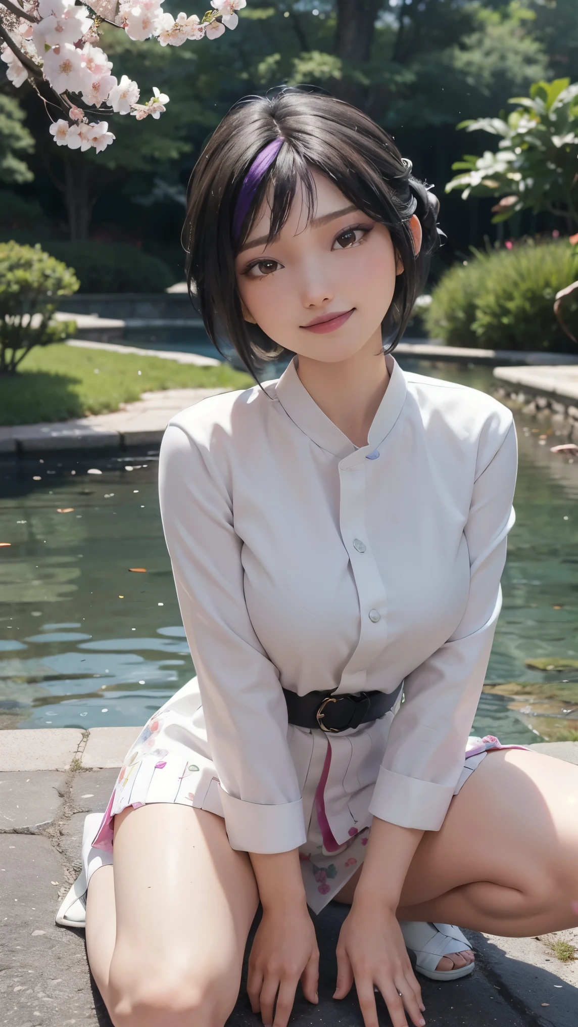 Gogo tomago,(best qualityer,4K,8k,high resolution,work of art:1.2)(weather: cloudy), Tokyo city background, cherry blossom tree park, white long sleeve kimono dress, kimono belt, pleated skirt, flower stockings, laced shoes, floral hair jewelry, floral earrings, cheek mole, short wavy hair, black hair with purple highlight, ultra detailed, realistic, portrait,beautiful detailed brown eyes, glowing eyes,blush,beautiful detailed lips,extremely detailed eye and face, long eyelashes,sexy,average, medium breasts,beaming smile, flirty smile, powerful girl, sexy pose, stunning curves, bright coloured, dramatic lighting,