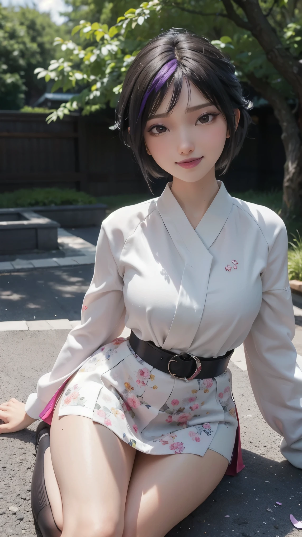 Gogo tomago,(best qualityer,4K,8k,high resolution,work of art:1.2)(weather: cloudy), Tokyo city background, cherry blossom tree park, white long sleeve kimono dress, kimono belt, pleated skirt, flower stockings, laced shoes, floral hair jewelry, floral earrings, cheek mole, short wavy hair, black hair with purple highlight, ultra detailed, realistic, portrait,beautiful detailed brown eyes, glowing eyes,blush,beautiful detailed lips,extremely detailed eye and face, long eyelashes,sexy,average, medium breasts,beaming smile, flirty smile, powerful girl, sexy pose, stunning curves, bright coloured, dramatic lighting,