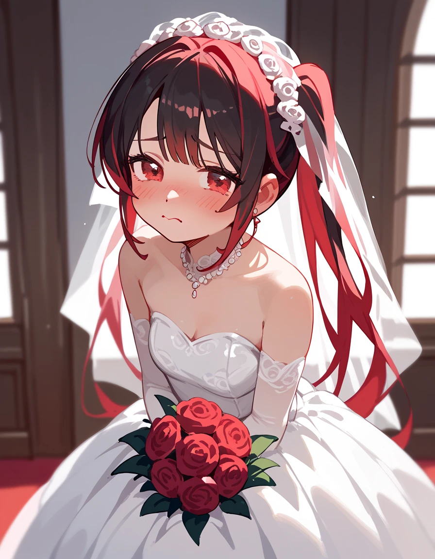 girl,Light pink red hair, in dark red eyes,Black hair ends,Double Ponytail ,cute, boobs,Make a sad face,Wedding dress,shy,Red cheeks,