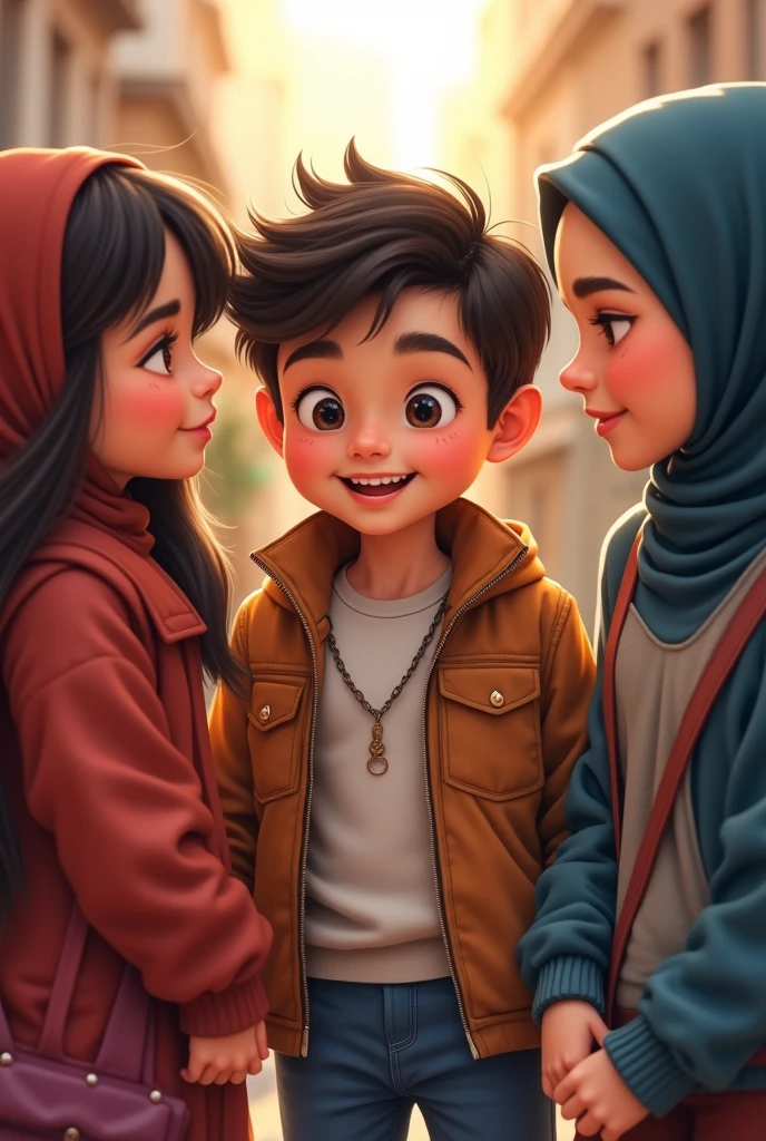 ((3 hijabless man wear jacket sitting), (2 hijabbed woman sitting), (1 hijabless teenage girl sitting)), casual fashion, happy expression, just concentrate, white skin people, crowdless background, extreme detail, masterpiece, 4k, gaming character, adult 3D character, proportional, cinematic lighting