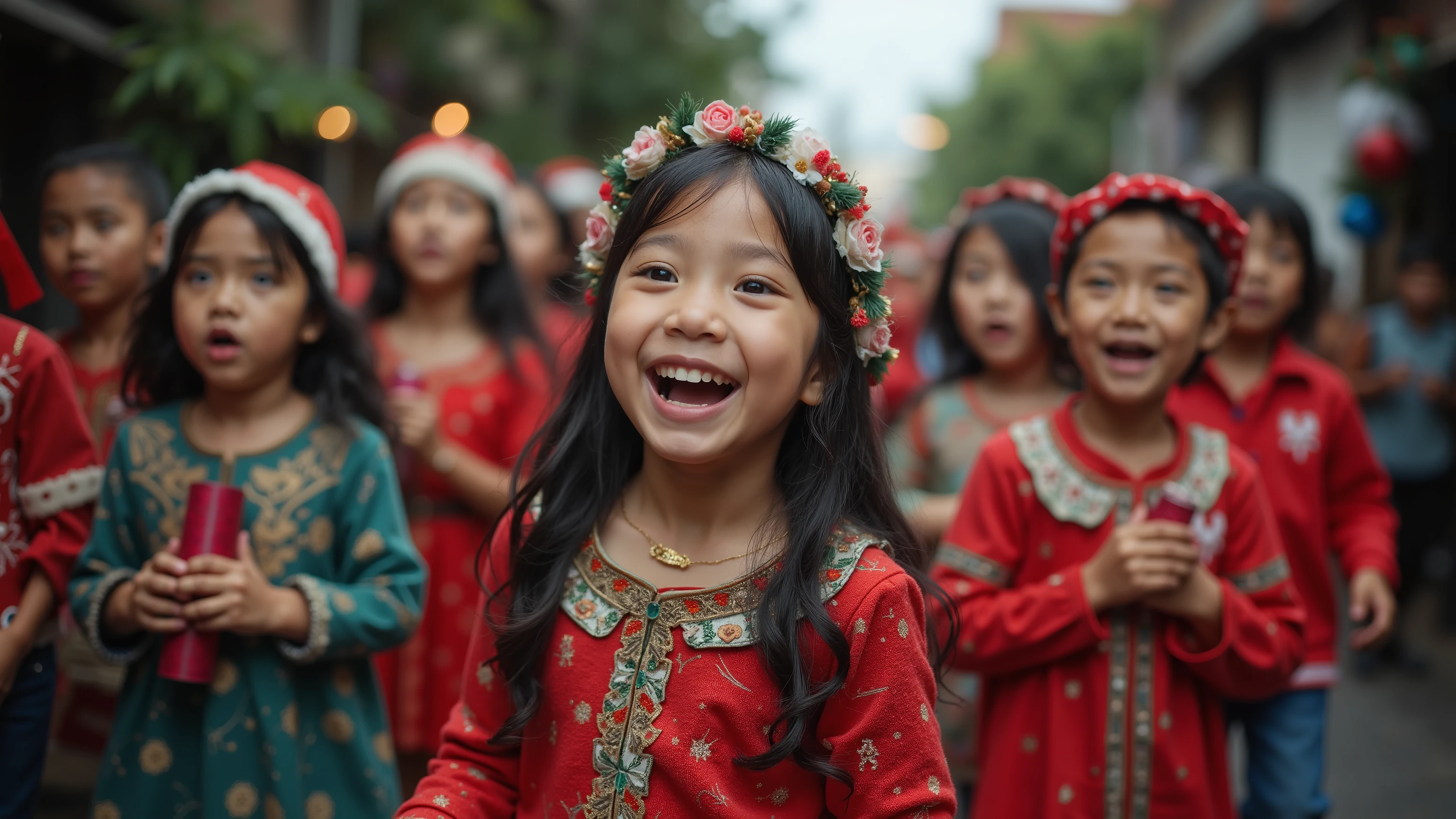 ren walking from house to house in a Manila neighborhood, wearing festive outfits and singing carols to earn aguinaldo (gifts or money) from their godparents and neighbors, with smiles and excitement on their faces.