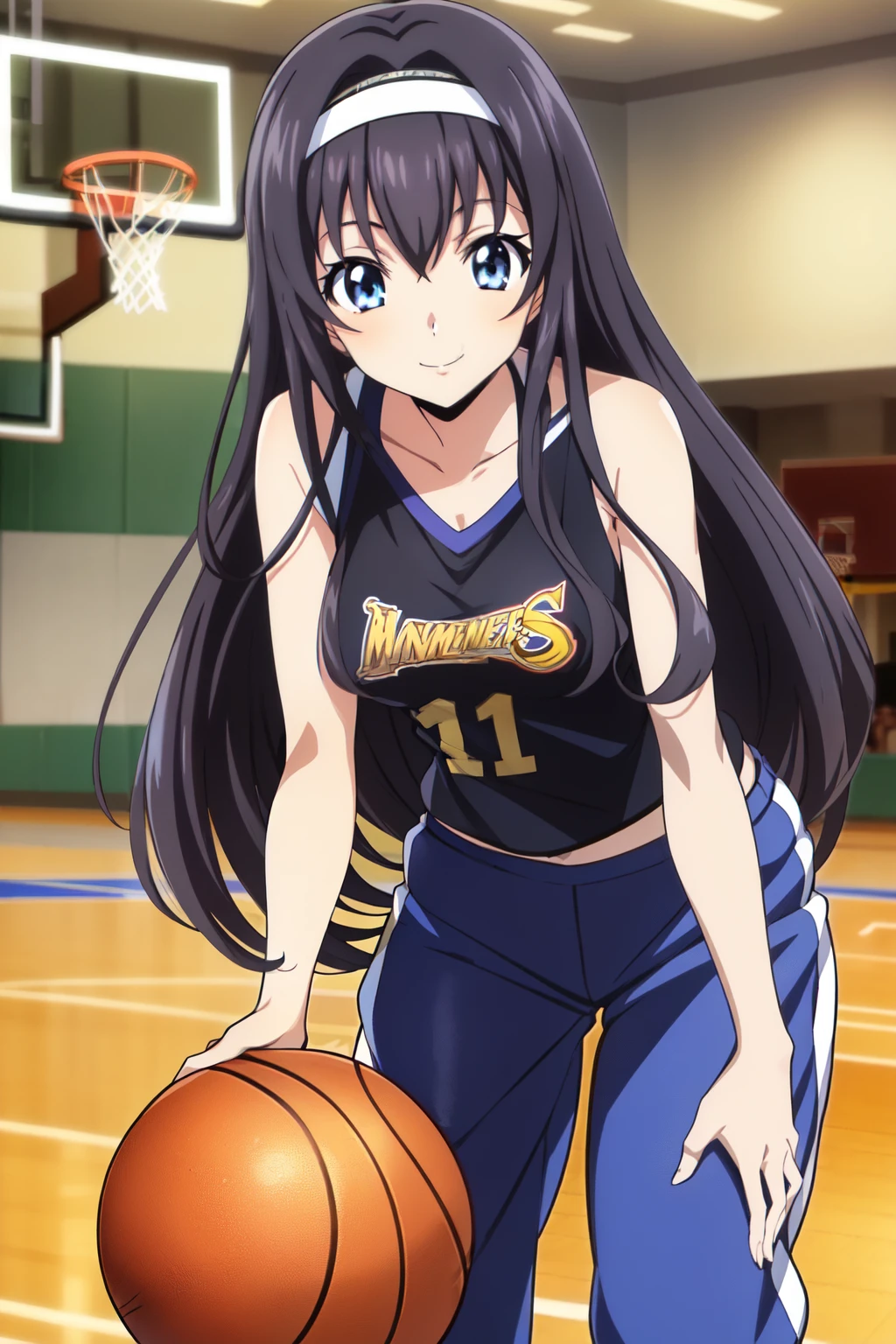 1 girl, cute, black long hair, (hair band), masterpiece, smile, (leaning forward), (basketball uniform/tank top/half pants), (in front of basketball teams in the high school gym), (anime cels style, Masterpiece, best quality, high resolution, anime colored, anime key visual, sharp, 8k), beautiful blue eyes