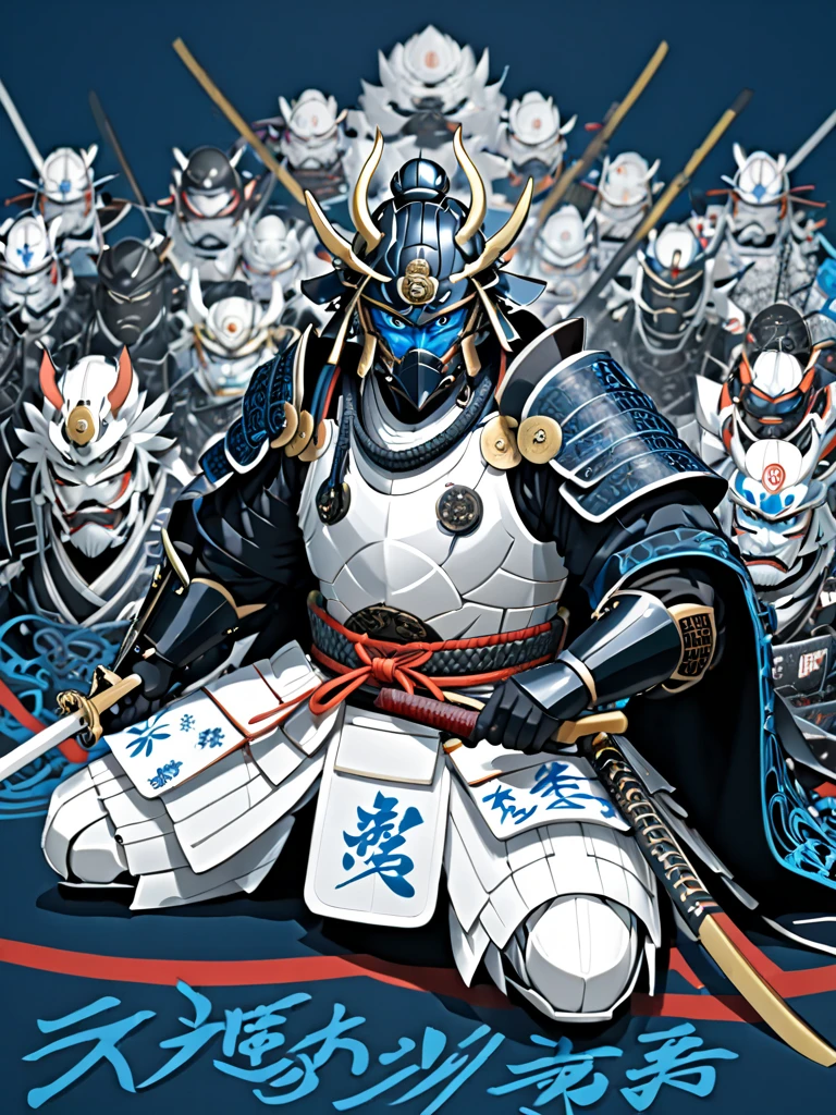 A full-body blue samurai armor with a white head riding a tank and holding a Japanese sword.
