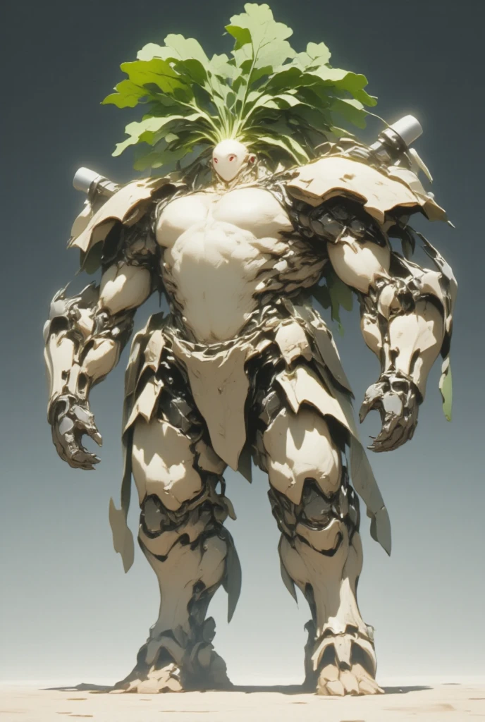  white radish,  daikon:1.5, view front, Heavily armored super robot:1.3, Monocular:1.5, Monocular:1.5, Arms crossed:1.5, Arms folded in front of chest:1.5,  giant robot based on daikon standing on machine legs , A mechanic radish turned upside down is sticking out of both shoulders:1.5, There are boost drills on both shoulders, whole body:1.5,  outer space :1.5