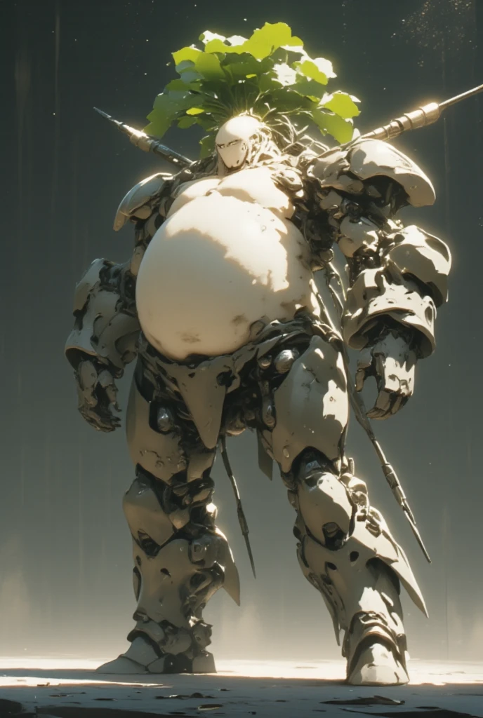  white radish,  daikon:1.5, view front, Heavily armored super robot:1.3, Monocular:1.5, Monocular:1.5, Arms crossed:1.5, Arms folded in front of chest:1.5,  giant robot based on daikon standing on machine legs , The tip of the radish sticks out diagonally from the left and right sides of the face, A mechanic radish turned upside down is sticking out of both shoulders:1.5, There are boost drills on both shoulders, whole body:1.5,  outer space :1.5