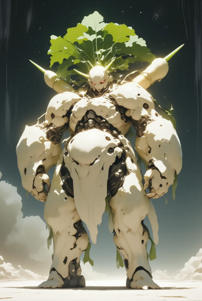  white radish,  daikon:1.5, view front, Heavily armored super robot:1.3, Monocular:1.5, Monocular:1.5, Arms crossed:1.5, Arms folded in front of chest:1.5,  giant robot based on daikon standing on machine legs , The tip of the radish sticks out diagonally from the left and right sides of the face, A mechanic radish turned upside down is sticking out of both shoulders:1.5, There are boost drills on both shoulders, whole body:1.5,  outer space :1.5