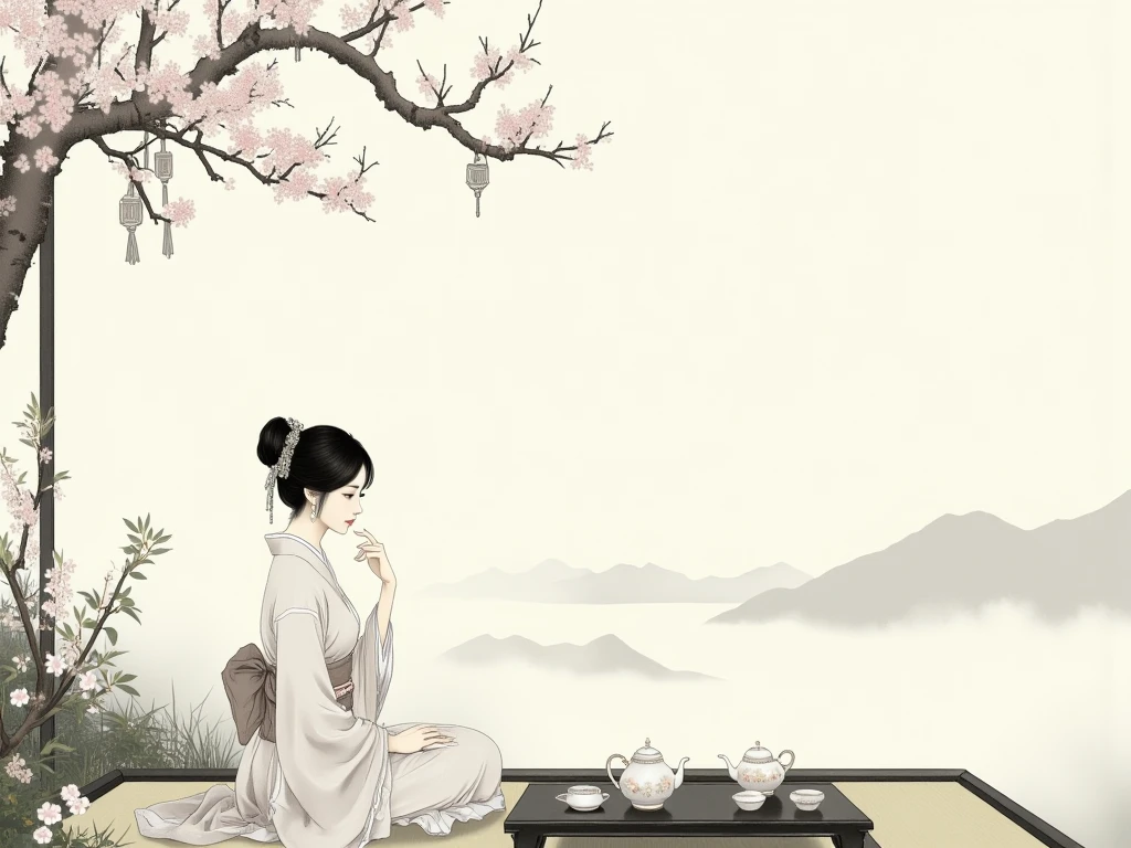 A meticulously crafted illustration in a traditional chinese ink-wash painting style (sumi-e), depicting an elegant East-Asian woman seated gracefully on a tatami mat beneath a blossoming cherry tree. She is dressed in a traditional kimono with delicate floral patterns, the soft folds of the fabric flowing naturally to complement her refined posture. Her black hair is styled in an intricate updo adorned with traditional kanzashi hairpins, adding a touch of sophistication. The setting exudes tranquility and harmony, with a simple wooden tea table placed before her, holding a tea set with ornate ceramic teapots and cups. Her expression is serene and introspective, as she lightly touches her chin, lost in thought or contemplation.

The background features a serene natural landscape with distant mountains faintly visible through a subtle mist, evoking a sense of timeless beauty. Branches of the cherry tree extend overhead, with blossoms and hanging ornaments swaying gently in the breeze, enhancing the poetic and dreamlike quality of the scene. The monochromatic palette of black, white, and subtle gray tones adds to the minimalist aesthetic, emphasizing the elegance of negative space and the fluid brushstrokes characteristic of sumi-e art. Fine details such as the scattered blossoms on the ground, the meticulously drawn plants, and the flowing lines of her kimono contrast beautifully with the soft, atmospheric gradients of the ink wash.

This composition captures the serene essence of Japanese aesthetics, blending traditional cultural elements with a quiet narrative of introspection and grace. The artwork radiates a delicate balance between stillness and movement, inviting the viewer to immerse themselves in its harmonious simplicity and timeless elegance.