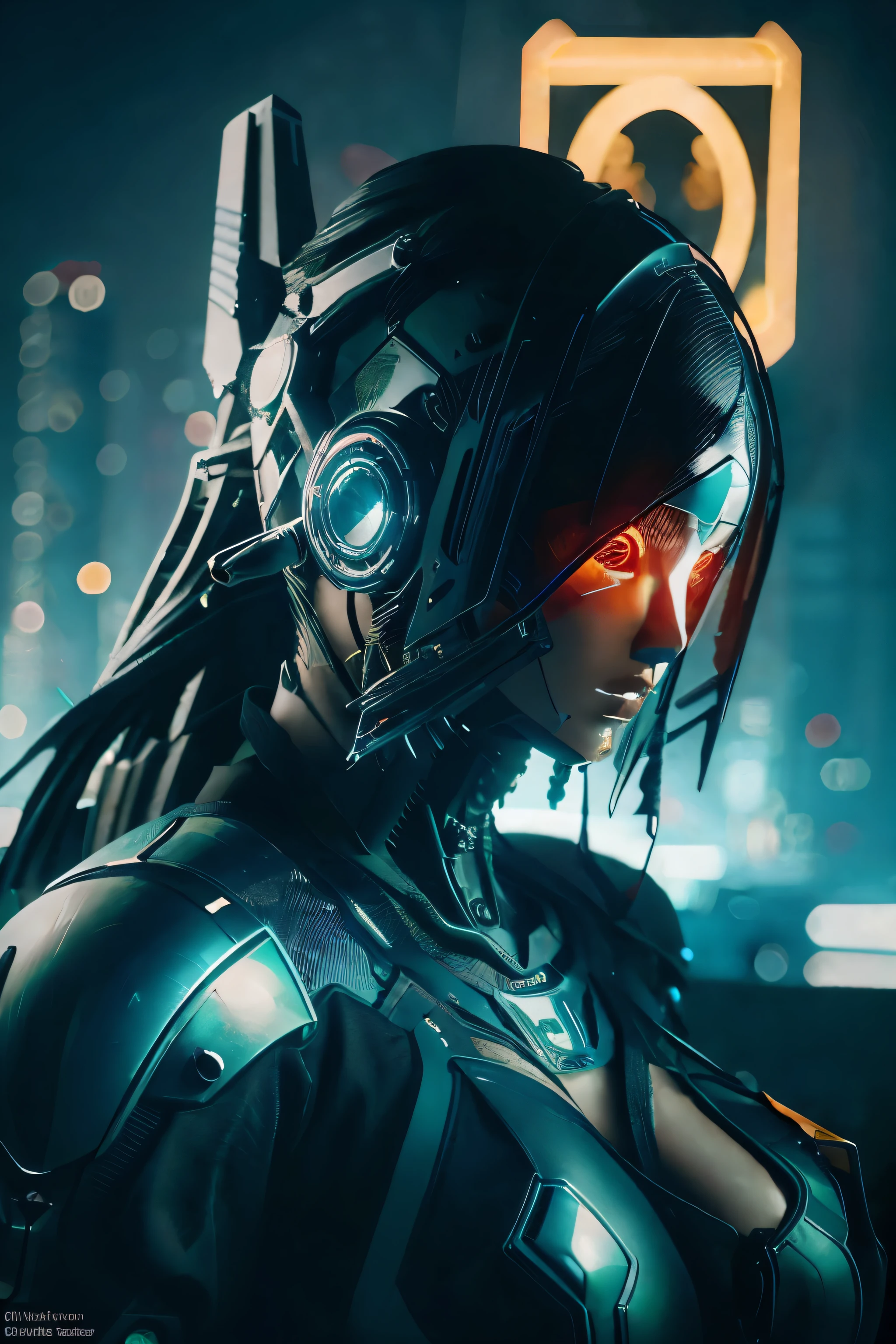 A cyberpunk-inspired female warrior in a dynamic side pose, wearing a mountain parka with futuristic, high-tech details. Her armor and the parka are adorned with glowing orange accents, merging casual style with advanced technology. The warrior's face is a striking blend of human and robotic elements: one side of her face is entirely human, while the other side is mechanical, with intricate cybernetic features and glowing components, particularly in her eyes. The side profile highlights the contrast between the organic and mechanical halves of her face, emphasizing her futuristic design. Her body is also a fusion of human and robot, with mechanical limbs and intricate armor, featuring glowing circuitry and advanced robotics. The background depicts a dystopian city with neon-lit buildings, smoke, and debris from a battle, enhancing the cyberpunk atmosphere. The focus is on the detailed side view of her, emphasizing both her human and robotic traits in the composition.