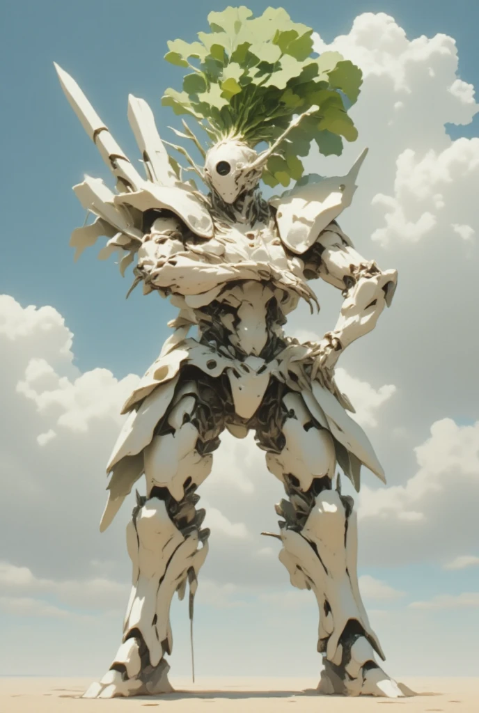  white radish,  daikon:1.5, view front, Heavily armored super robot:1.3, Monocular:1.5, Monocular:1.5, Arms crossed:1.5, Arms folded in front of chest:1.5,  giant robot based on daikon standing on machine legs ,  The tip of the radish sticks out diagonally upward from the left and right sides of the face, A daikon in the shape of a drill protrudes from both shoulders :1.5, There are boost drills on both shoulders, whole body:1.5,  outer space :1.5