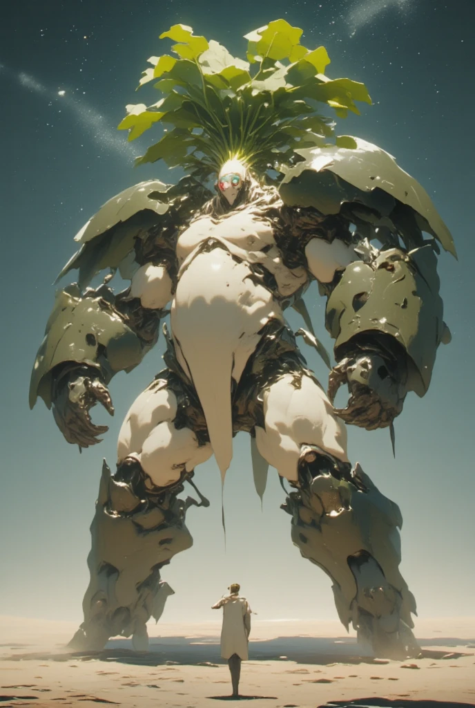  white radish,  daikon:1.5, view front, Heavily armored super robot:1.3, Monocular:1.5, Monocular:1.5, Arms crossed:1.5, Arms folded in front of chest:1.5,  giant robot based on daikon standing on machine legs ,  The tip of the radish sticks out diagonally upward from the left and right sides of the face, A daikon in the shape of a drill protrudes from both shoulders :1.5, There are boost drills on both shoulders, whole body:1.5,  outer space :1.5