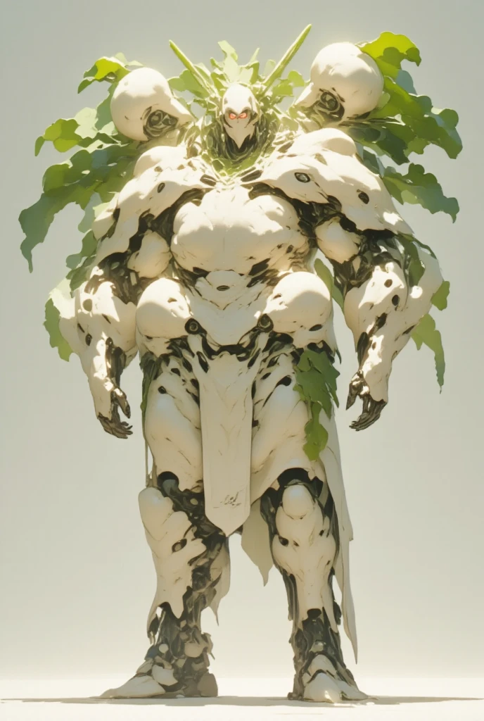  white radish,  daikon:1.5, view front, Heavily armored super robot:1.3, Monocular:1.5, Monocular:1.5, Arms crossed:1.5, Arms folded in front of chest:1.5,  giant robot based on daikon standing on machine legs , The tip of the radish sticks out diagonally from the left and right sides of the face, A daikon in the shape of a drill protrudes from both shoulders :1.5, There are boost drills on both shoulders, whole body:1.5,  outer space :1.5