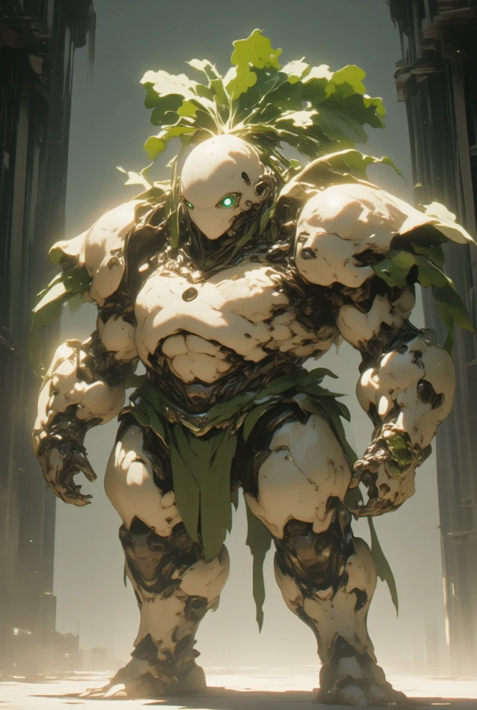  white radish,  daikon:1.5, view front, Heavily armored super robot:1.3, Monocular:1.5, Monocular:1.5, Arms crossed:1.5, Arms folded in front of chest:1.5,  giant robot based on daikon standing on machine legs , The tip of the radish sticks out diagonally from the left and right sides of the face, A daikon in the shape of a drill protrudes from both shoulders :1.5, There are boost drills on both shoulders, whole body:1.5,  outer space :1.5