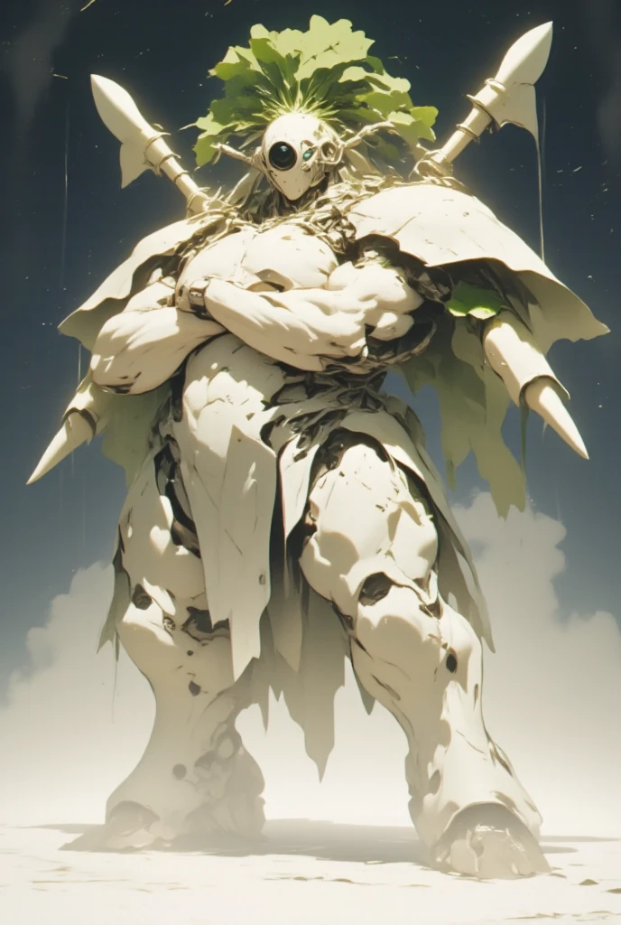  white radish,  daikon:1.5, view front, Heavily armored super robot:1.3, Monocular:1.5, Monocular:1.5, Arms crossed:1.5, Arms folded in front of chest:1.5,  giant robot based on daikon standing on machine legs ,  The tip of the radish sticks out diagonally upward from the left and right sides of the face, A daikon in the shape of a drill protrudes from both shoulders :1.5, There are boost drills on both shoulders, whole body:1.5,  outer space :1.5