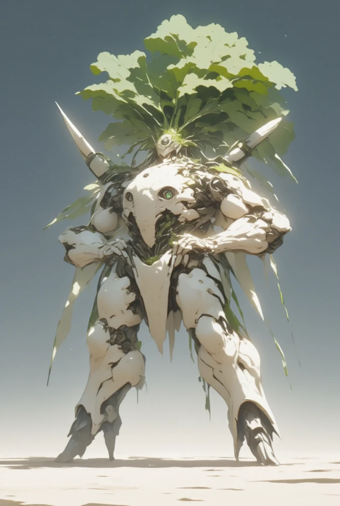  white radish,  daikon:1.5, view front, Heavily armored super robot:1.3, Monocular:1.5, Monocular:1.5, Arms crossed:1.5, Arms folded in front of chest:1.5,  giant robot based on daikon standing on machine legs ,  The tip of the radish sticks out diagonally upward from the left and right sides of the face, A daikon in the shape of a drill protrudes from both shoulders :1.5, There are boost drills on both shoulders, whole body:1.5,  outer space :1.5