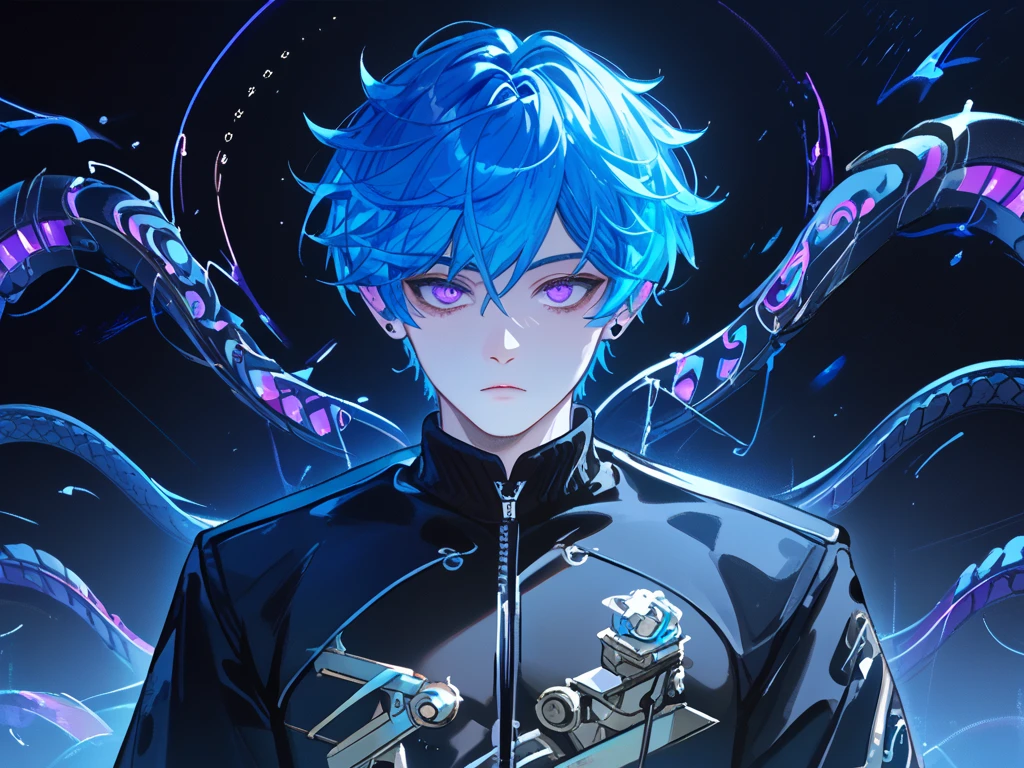 1boy, neon blue hair, glowing purple eyes, dead eyes, wearing black jersey jacket, masterpiece, best quality, the background should be written LORD-XMD MULTIDEVICE BOT