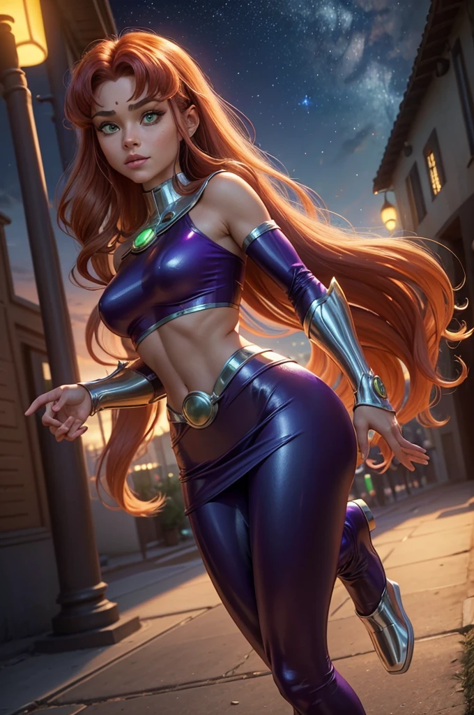 Prompt: Young Starfire (Estelar) in a Realistic Scene Starfire, the young princess of Tamaran, finds herself in a setting that reflects the balance between the strength of her alien origins and her gentle, curious nature. She stands in a bustling street of an Earth city, perhaps a modern metropolis, with shimmering neon lights in the background. The scene is illuminated by a mix of warm and cool lights, creating an interesting contrast with the golden and green glow of her powers. Physical Description: Starfire's skin is a warm, golden tone, with a subtle glow that reflects her inner energy. Her skin has a metallic-like texture under the light, with an iridescent touch, especially around her cheeks and eyes. Her eyes are large and luminous, glowing in a vibrant orange or amber hue, with an internal glow, as though they contain the light of the stars. They reflect her innocence and curiosity, but also an undeniable strength. Starfire’s hair is long and flows as if gently blown by a cosmic breeze. It is a vibrant orange, almost reddish, with strands that naturally wave and flow in a fluid, effortless manner. Her hair radiates a soft glow, giving the impression that she comes from a distant, mysterious place. She wears an outfit that blends her Tamaranian battle armor with a more casual style, suitable for Earth. A short-sleeved, metallic top in a bright purple hue fits her body perfectly, showcasing her strength and agility. A short, flowing skirt with details resembling her superhero costume allows for freedom of movement. On her feet, combat boots with silver and red accents. Expression and Posture: Starfire’s face shows a pure expression of curiosity, as though she’s marveling at Earth's culture around her. Her smile is open and welcoming, but her eyes also convey a slight melancholy, a longing for her home planet. She’s in motion, perhaps taking a step forward with an outstretched hand, as if trying to understand human language and customs. Her posture is conf
